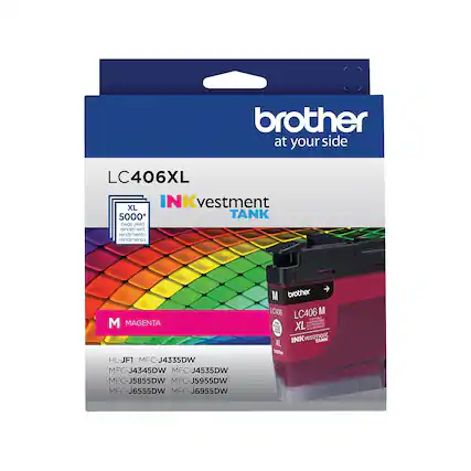 brother at your side
LC406XL
INKvestment TANK
XL 5000* page yield
rendimiento
M MAGENTA
HL-JF1 MFC-J4335DW MFC-J4345DW MFC-J4535DW MFC-J5855DW MFC-J5955DW MFC-J6555DW MFC-J6955DW
LC406 M XL