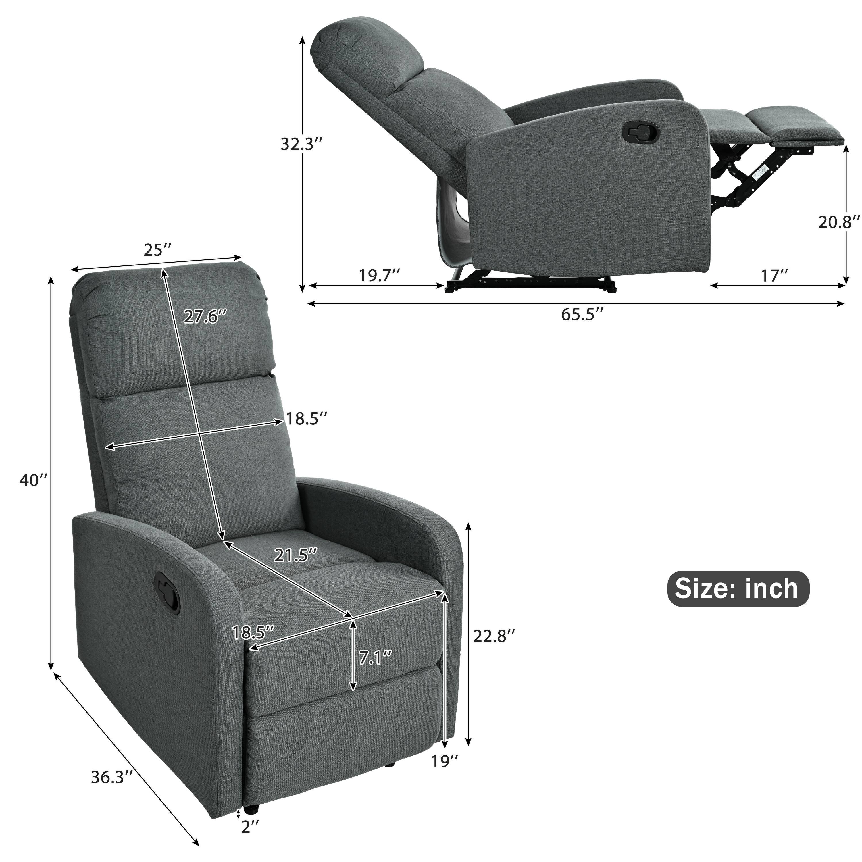 Sure, here is the corrected and grouped text from the image:

- **Width:** 65.5"
- **Depth (reclined):** 32.3"
- **Depth (extended):** 19.7"
- **Height:** 40"
- **Seat Height:** 18.5"
- **Seat Depth:** 27.6"
- **Arm Height:** 25"
- **Arm Width:** 20.8"
- **Back Height:** 36.3"
- **Back Width:** 22.8"
- **Cushion Height:** 21.5"
- **Cushion Width:** 19"
- **Cushion Depth:** 7.1"
- **Leg Height:** 2"
- **Leg Width:** 17"
- **Size:** inch