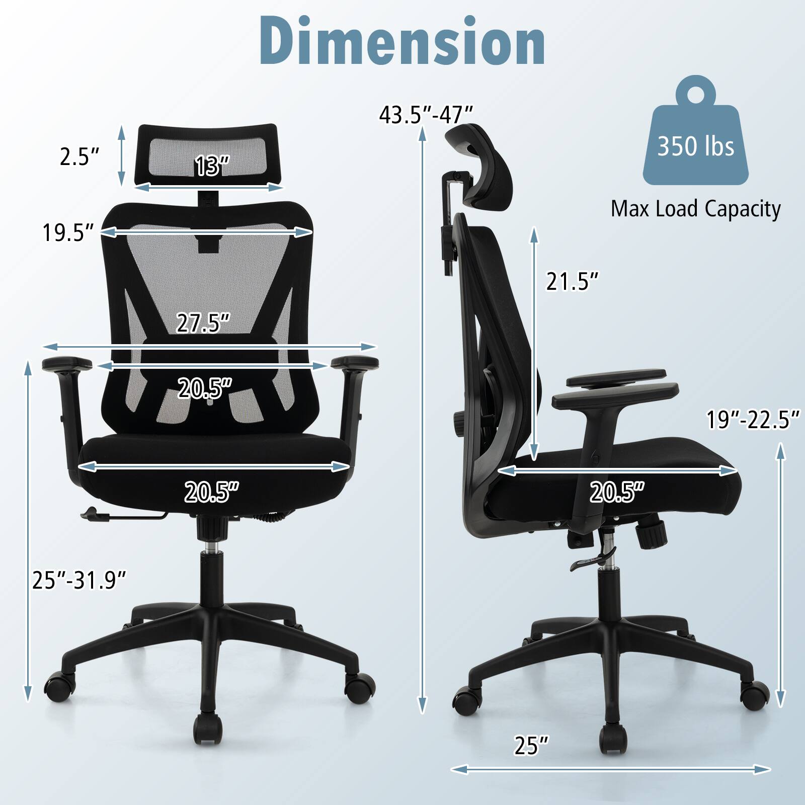 Dimension: 2.5" 19.5" 13" 43.5"-47" 350 lbs Max Load Capacity

27.5" 21.5" 20.5" 19"-22.5" 20.5" 20.5" 25"-31.9" 25"