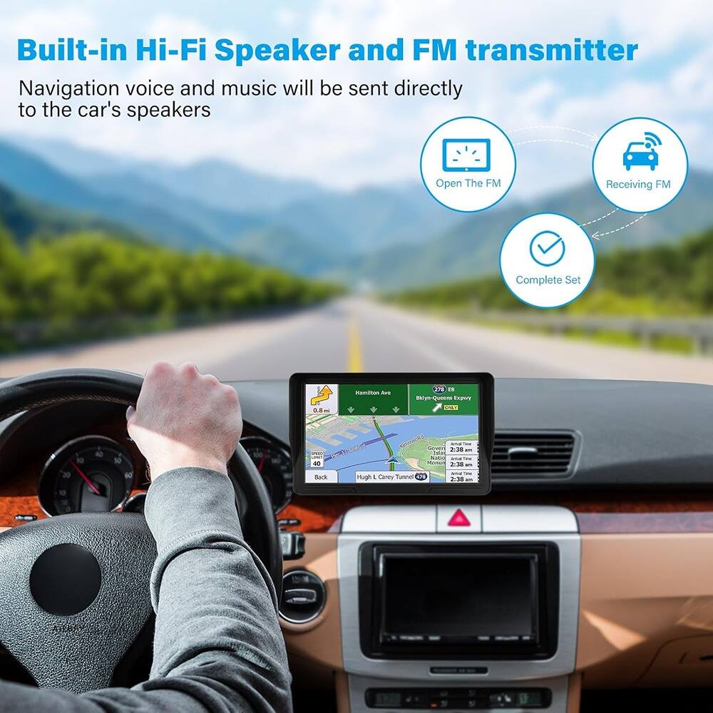 Built-in Hi-Fi Speaker and FM transmitter  
Navigation voice and music will be sent directly to the car's speakers  

- Open The FM  
- Receiving FM  
- Complete Set  

Hamilton Ave  
Bklyn-Queens Expwy  
Hugh L. Carey Tunnel