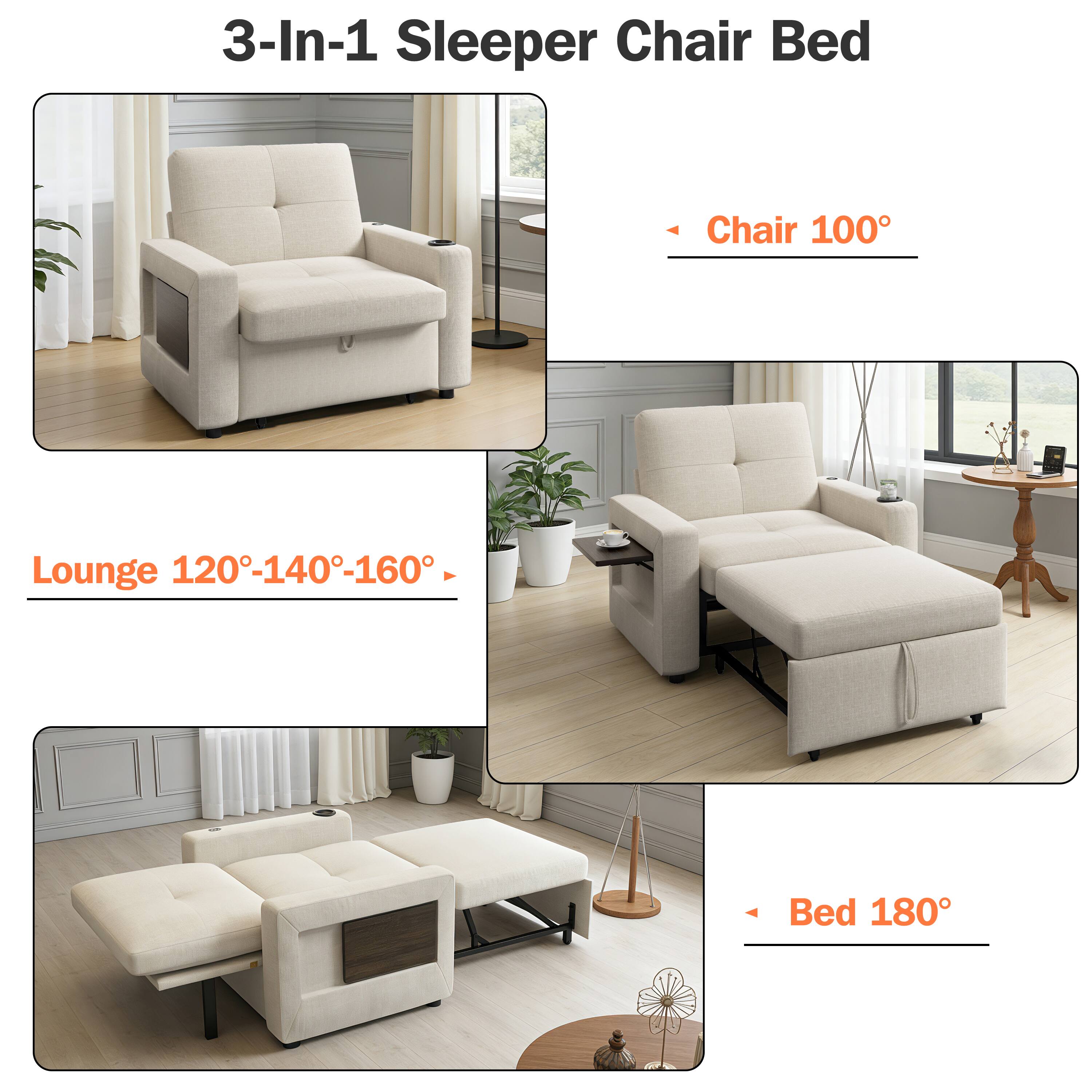 3-In-1 Sleeper Chair Bed

- Chair 100°
- Lounge 120°-140°-160°
- Bed 180°