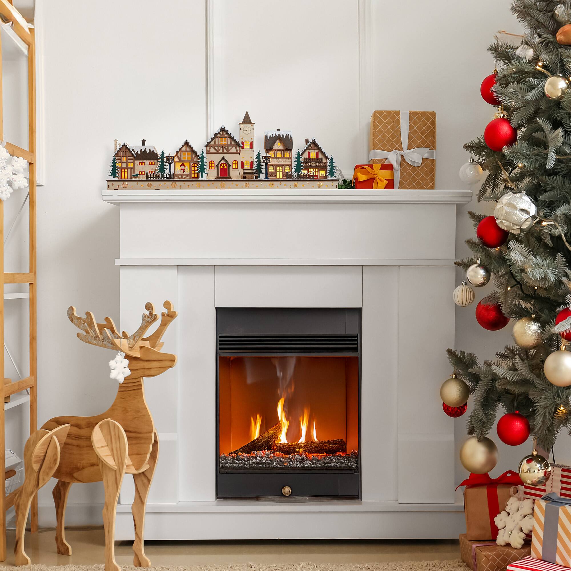 Alt View 2. Casafield - Pre-Lit Wooden Christmas Village - Traditional Winter Holiday Décor - Beige.