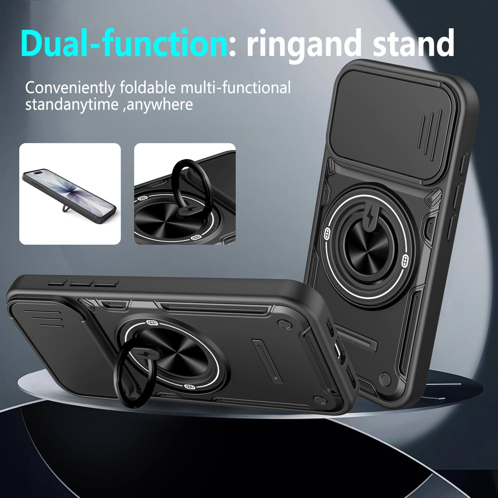 Dual-function: ring and stand  
Conveniently foldable multi-functional stand anytime, anywhere