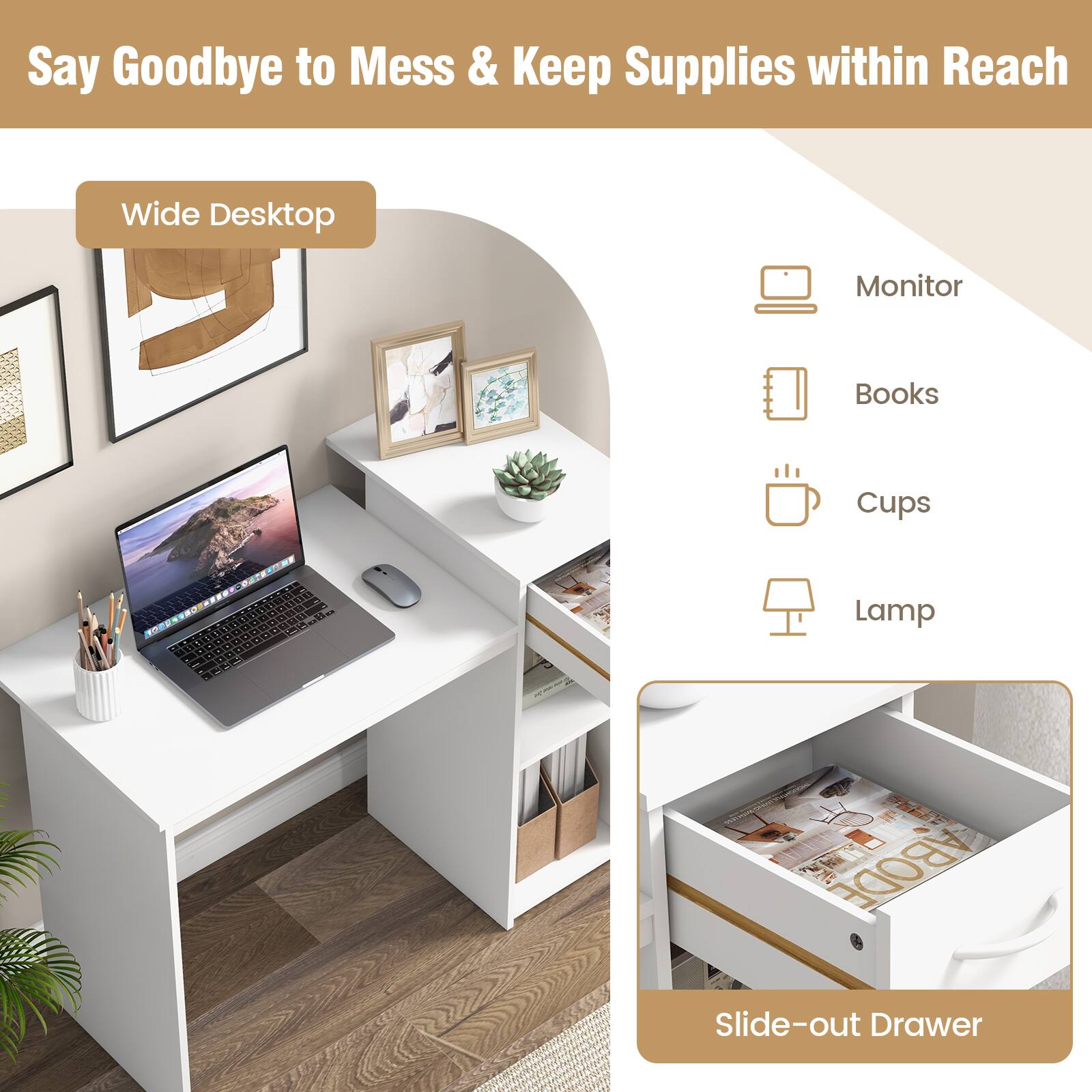 Wide Desktop, Monitor, Books, Cups, Lamp, Slide-out Drawer, ABODE
