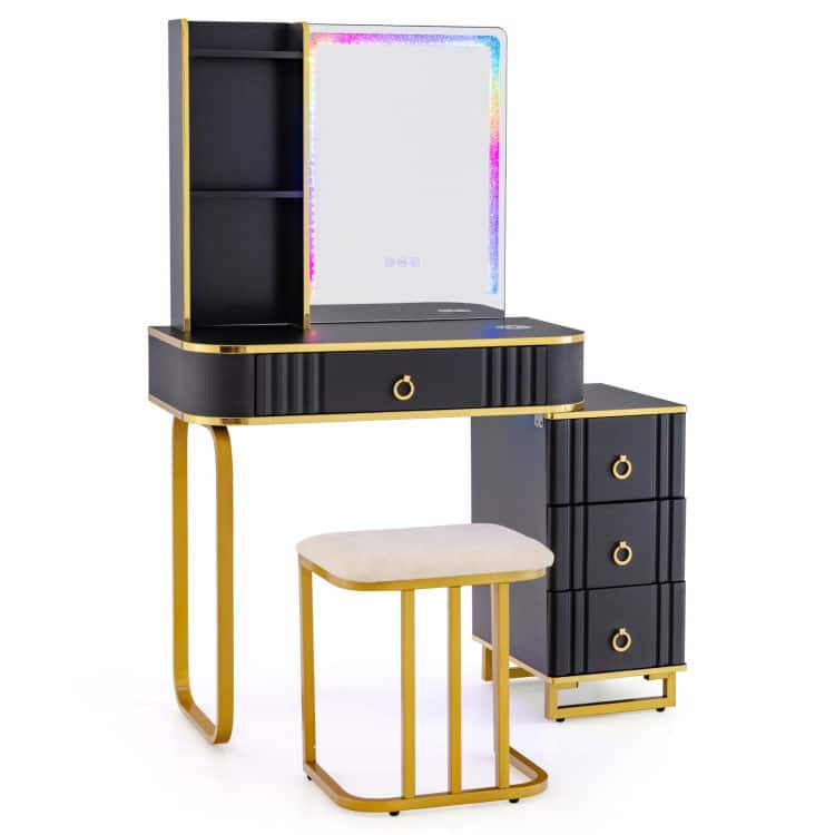 SlickBlue - Makeup Vanity with RGB LED Mirror and Wireless Charging Pad - Black