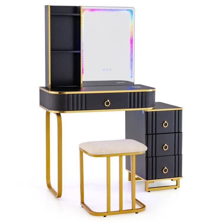 Front. SlickBlue - Makeup Vanity with RGB LED Mirror and Wireless Charging Pad - Black.