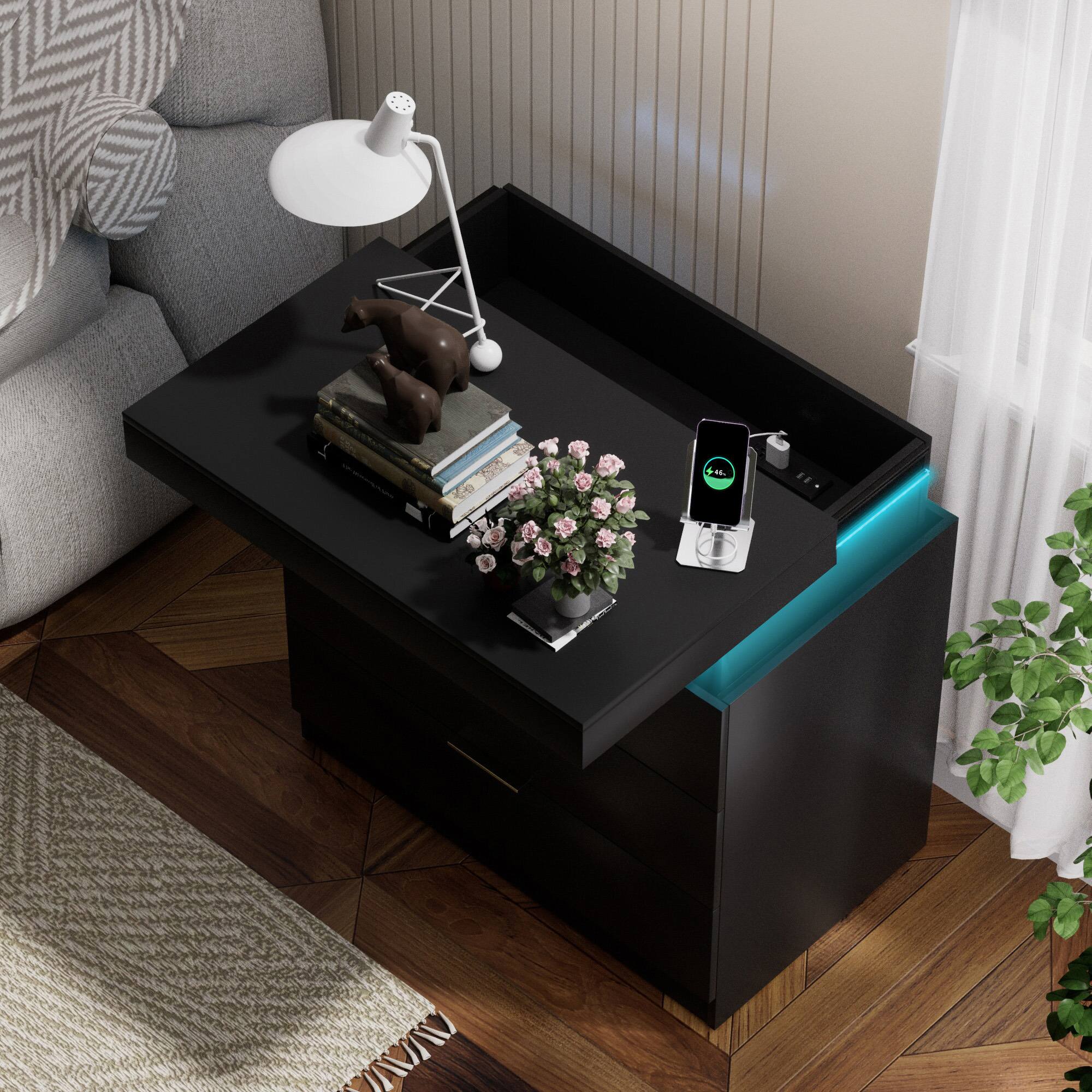 Alt View 2. Spaco - Spaco Modern 3 Drawers Nightstand with Charging Station, LED Nightstand with Charging Station, LED Lights for Bedroom - Black.