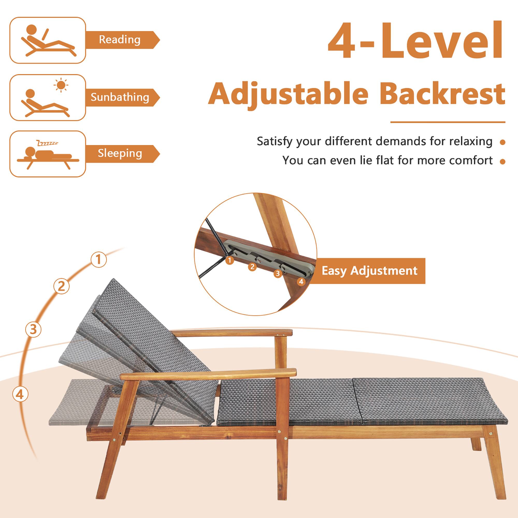 Reading, Sunbathing, Sleeping, 4-Level Adjustable Backrest, Satisfy your different demands for relaxing, You can even lie flat for more comfort, 2, 1, 1, 2, 3, 4, Easy Adjustment, 3, 4