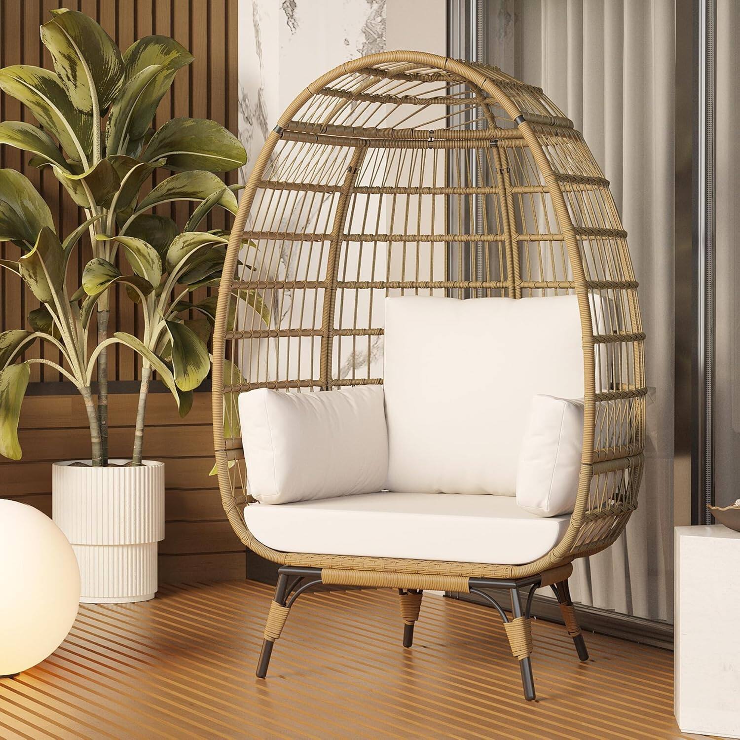 Front. Acekool - Oversized Wicker Egg Chair Outdoor, Patio Lounge Chair with Cushions & Metal Frame Stand, Rattan Seating, Oak - Oak.