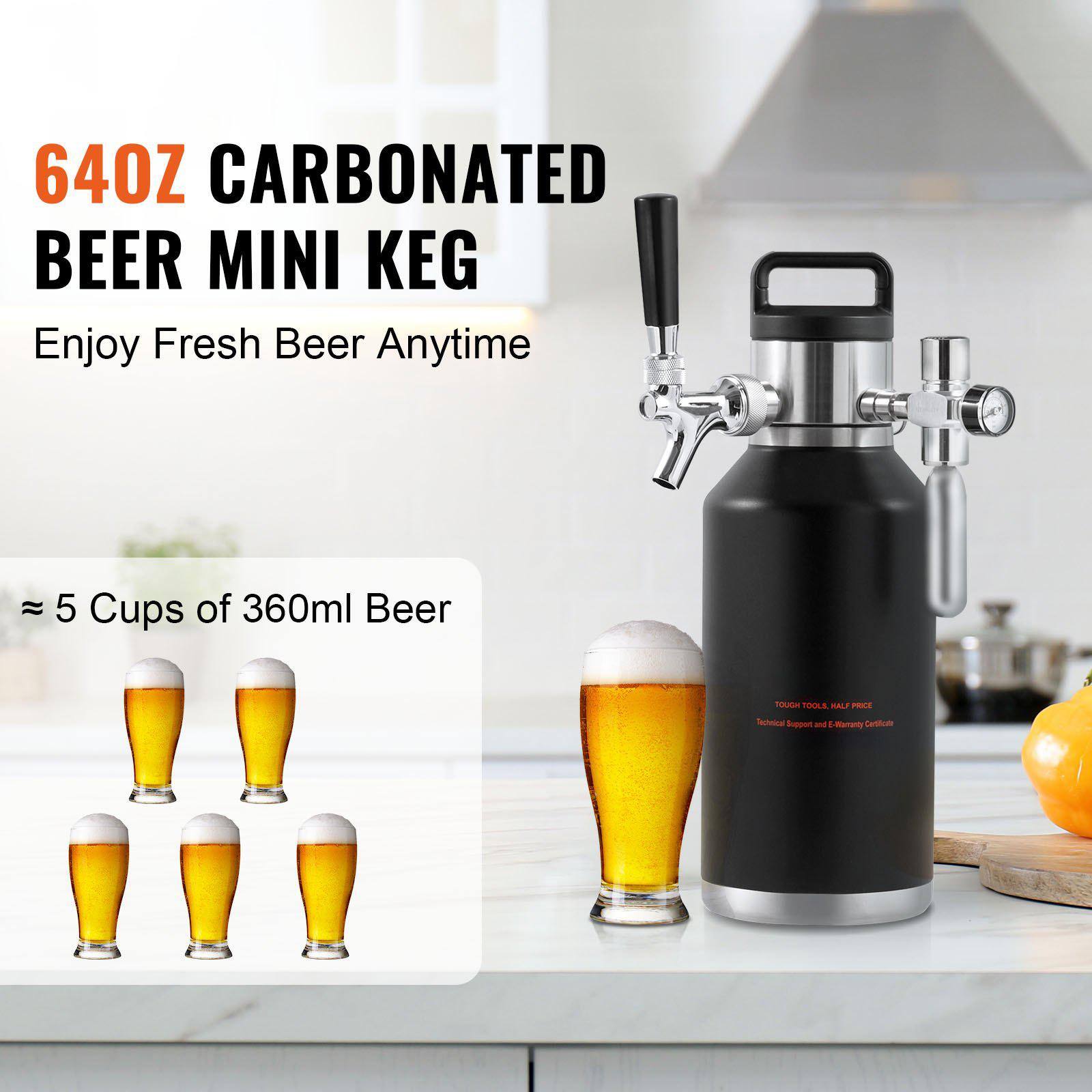 64OZ CARBONATED BEER MINI KEG  
Enjoy Fresh Beer Anytime  

≈ 5 Cups of 360ml Beer  

TOUGH TOOL, HALF PRICE  
Technical Support & E-Marranty Card Inside