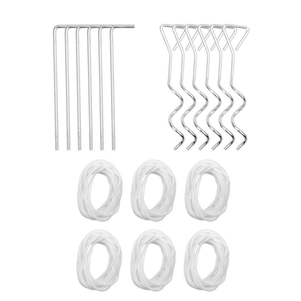 The image contains the following items:

1. Six metal rods.
2. Six metal hooks.
3. Six white ropes.

These items are likely components for a DIY or assembly project.