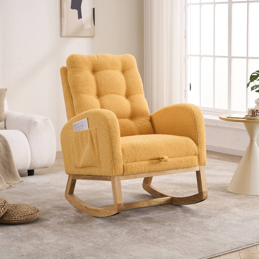 Front. Loheer - Loheer Yellow Rocking Chair with Footrest High Back Upholstered Nursery Rocker Rubber Wood Base - Yellow.