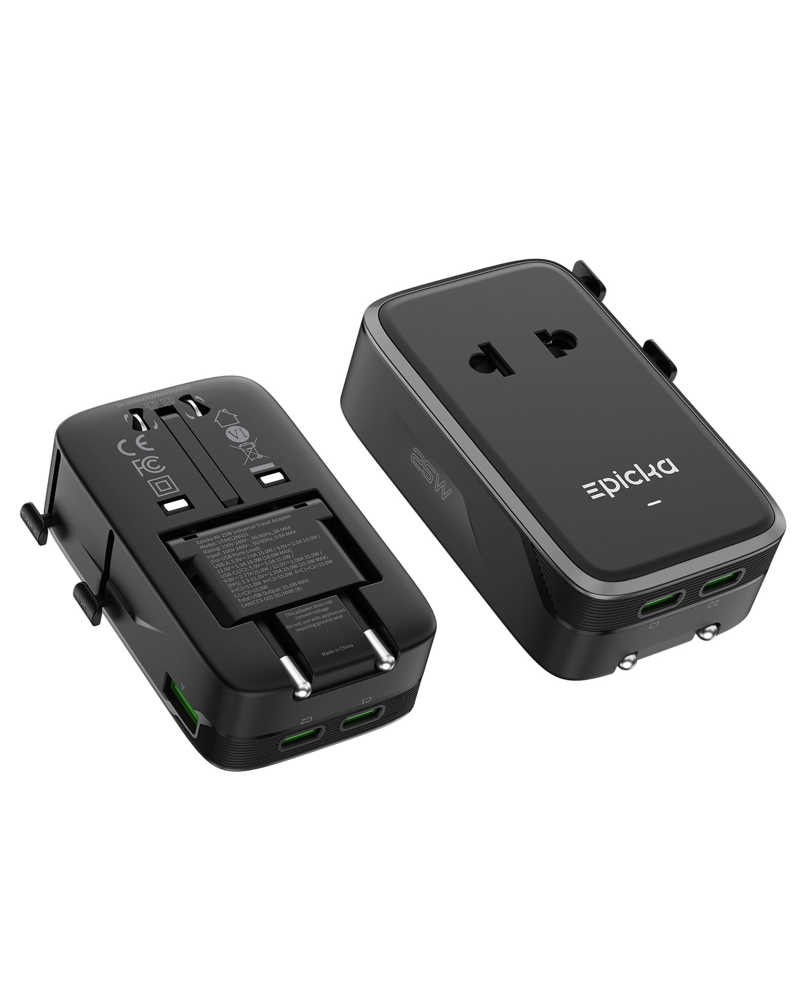 Epicka - Air PD 25W Universal Travel Adapter, Ultra-Thin International Power Adapter, Worldwide Travel Plug - Black