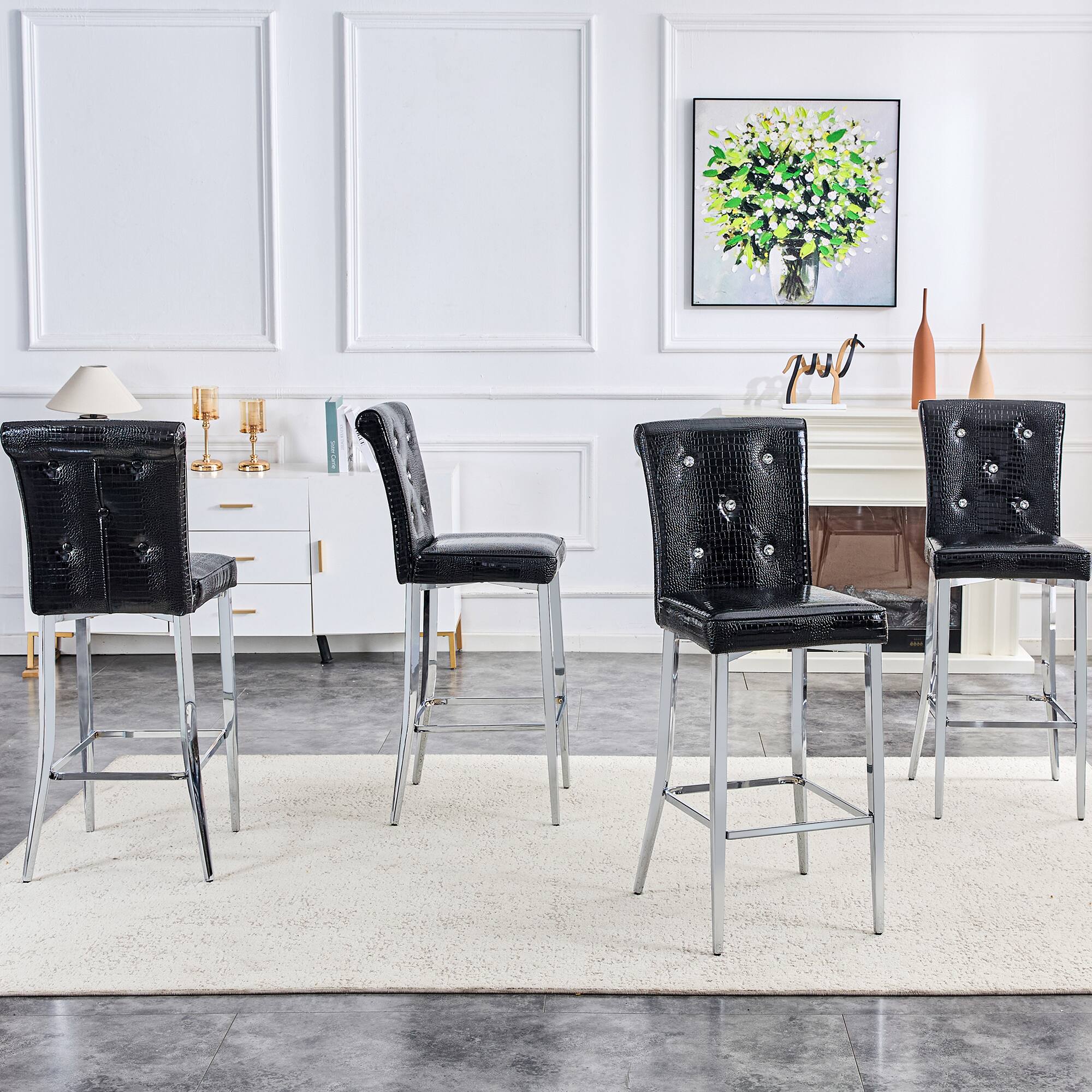 Alt View 2. Loheer - Vintage Crocodile Faux Leather Bar Chairs Set of 2 Crystal Tufted Tall Dining Stools 1.8x1.4x3.8 ft - Black.
