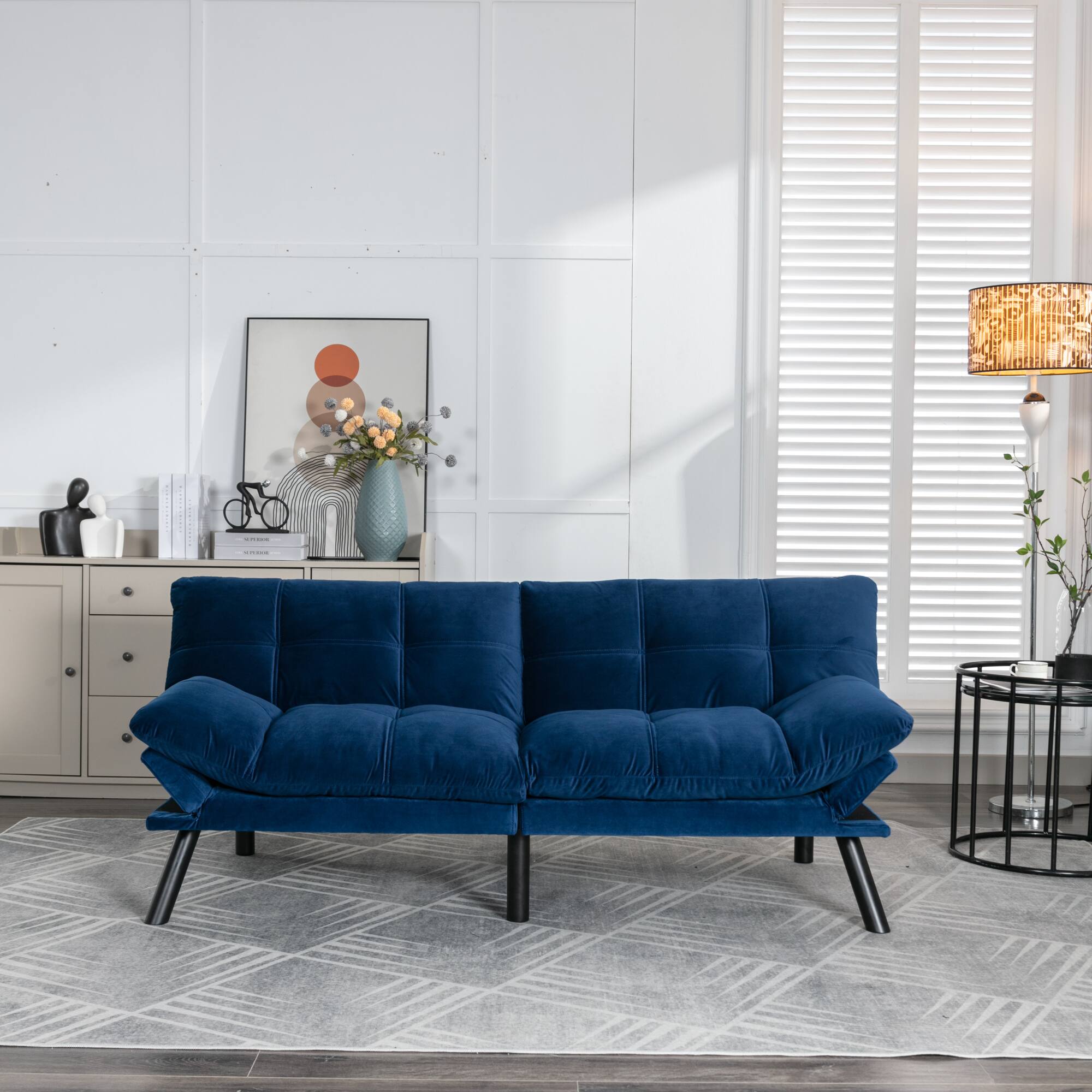 Back. GOODSILO - Convertible Folding Sofa Bed with Adjustable Armrests and Backrest for Small Spaces - Navy Blue.