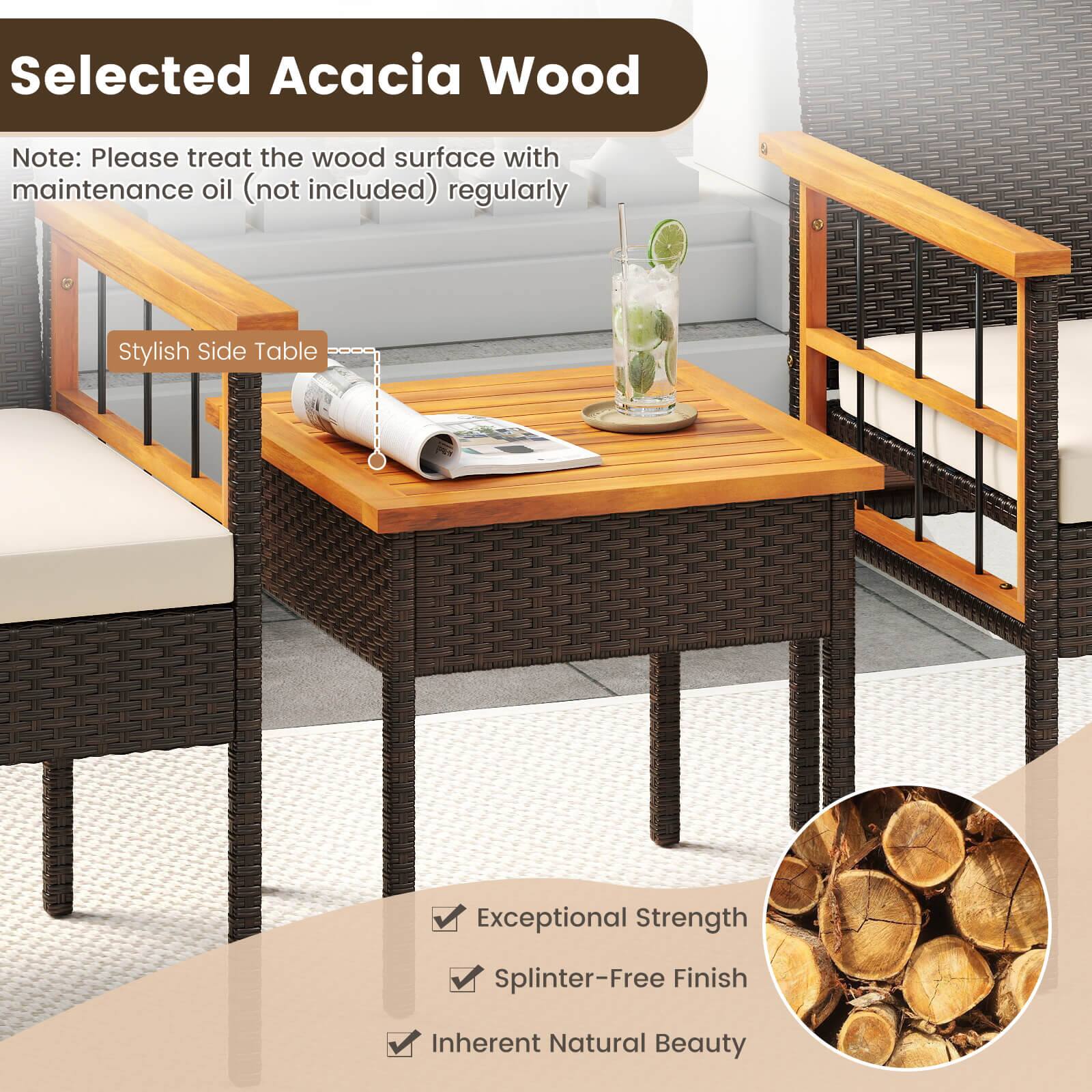 Selected Acacia Wood

Note: Please treat the wood surface with maintenance oil (not included) regularly

Stylish Side Table

Exceptional Strength
Splinter-Free Finish
Inherent Natural Beauty