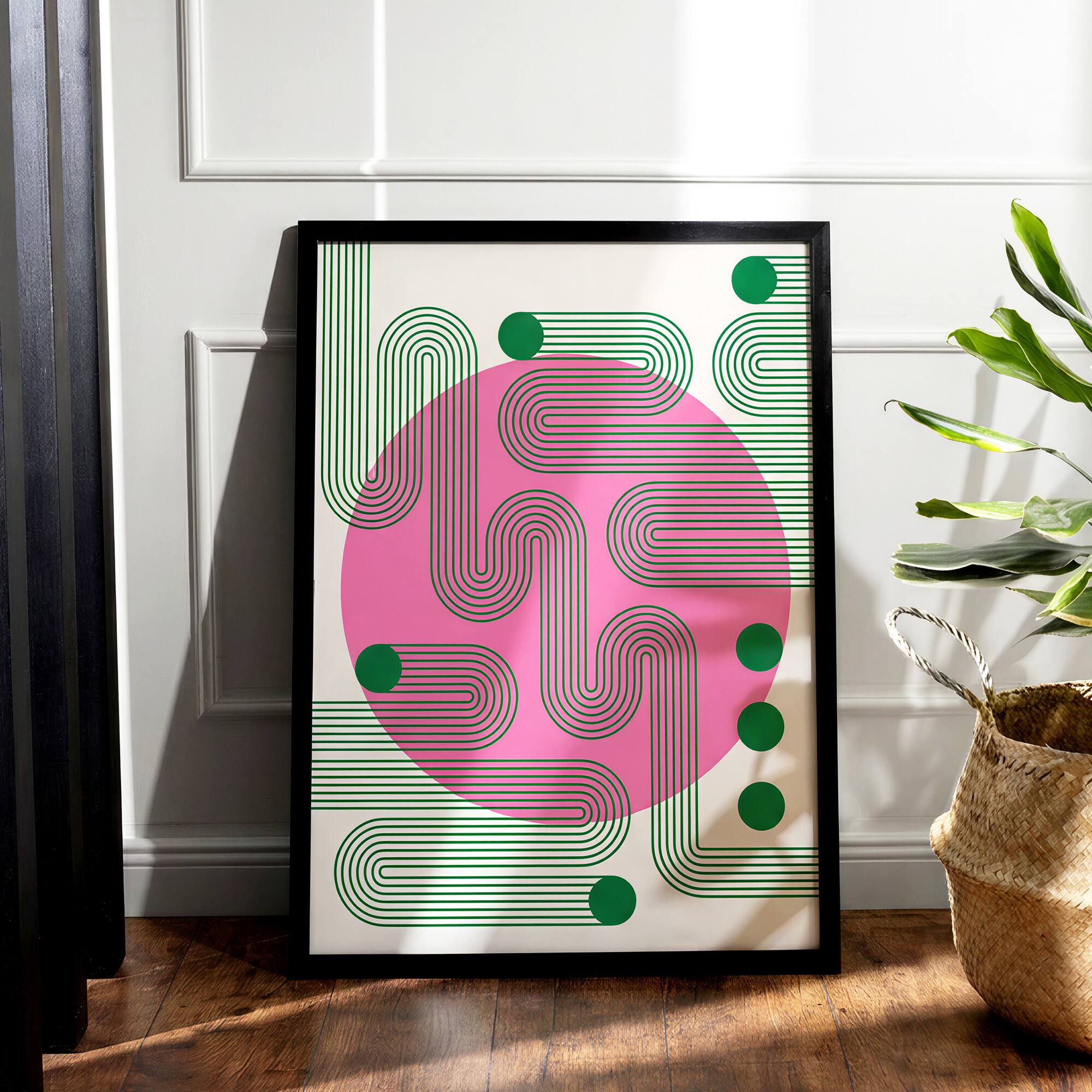 Alt View 2. HOMLUX - 1 Piece Framed Abstract Canvas Wall Art Pink Circle Wall Decor Green Line Art Decorative Canvas Print 24 in. x 18 in. - Multi-Colored.