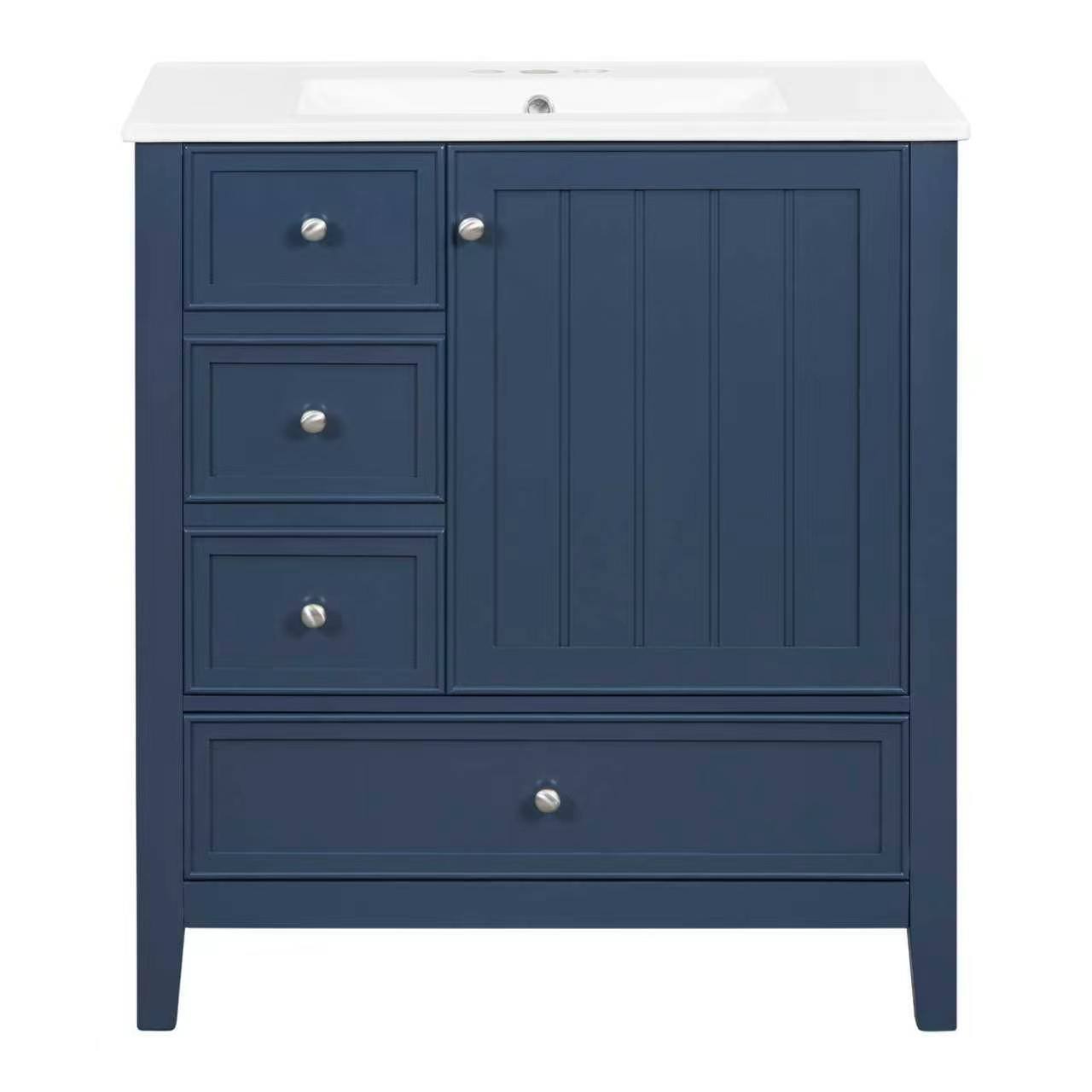 Back. Whisen - 30" Bathroom Vanity with Ceramic Sink Combo 3-Drawer 1-Cabinet Freestanding Storage Cabinet - Blue.