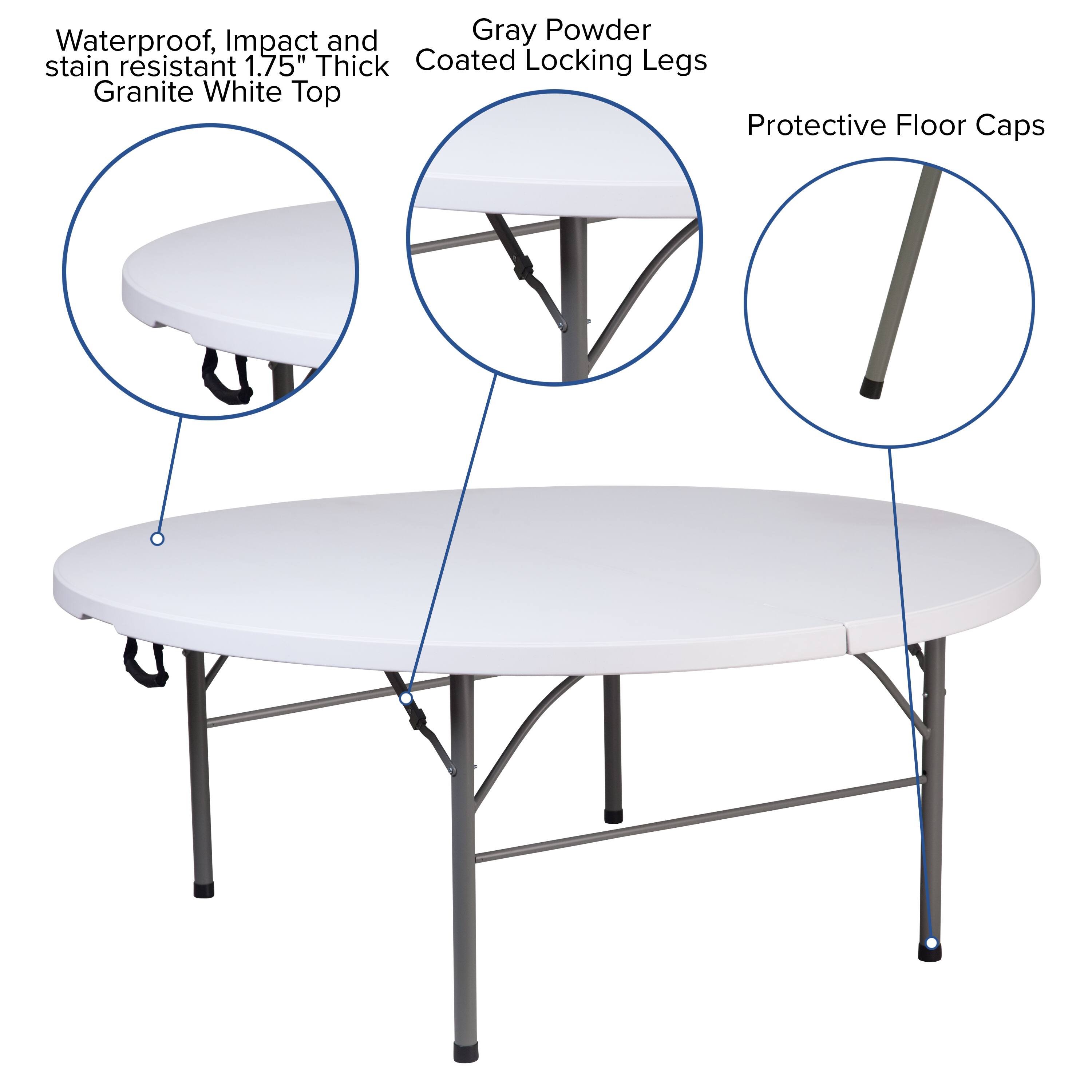 Waterproof, Impact and stain resistant 1.75" Thick Granite White Top

Gray Powder Coated Locking Legs

Protective Floor Caps