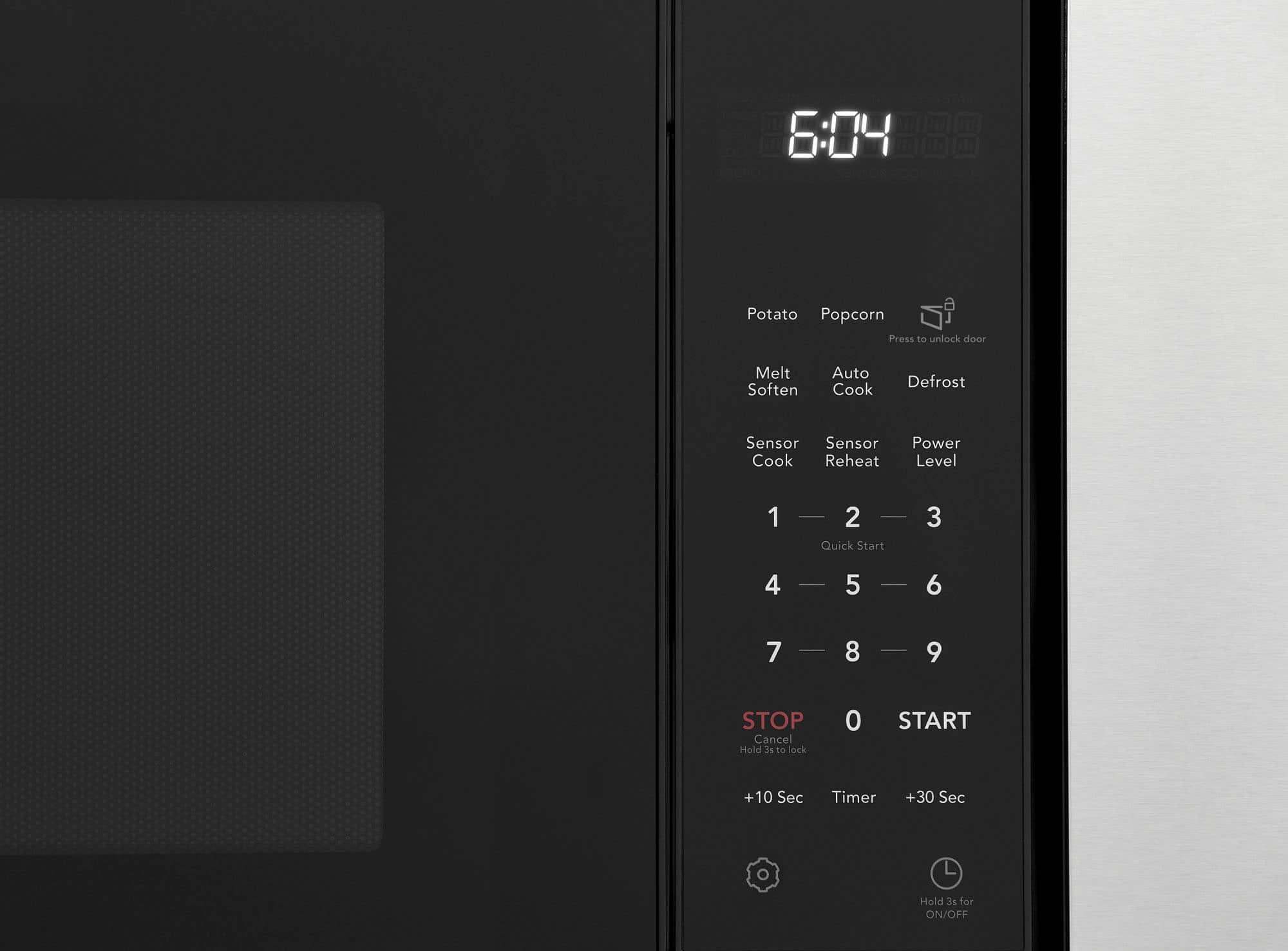 The text on the image reads:
6:04 a Potato Popcorn Press to unlock door Melt Soften Auto Cook Defrost Sensor Sensor Cook Reheat Power Level 1 2 Quick Start 3 4 | 5 6 7 8 9 STOP Cancel Hold 3s te ock 0 START +10 Sec Timer +30 Sec Hold 3e for ON/OFF
Corrected text:
6:04 a Potato Popcorn Press to unlock door Melt Soften Auto Cook Defrost Sensor Sensor Cook Reheat Power Level 1 2 Quick Start 3 4 | 5 6 7 8 9 STOP Cancel Hold 3s te ock 0 START +10 Sec Timer +30 Sec Hold 3e for ON/OFF