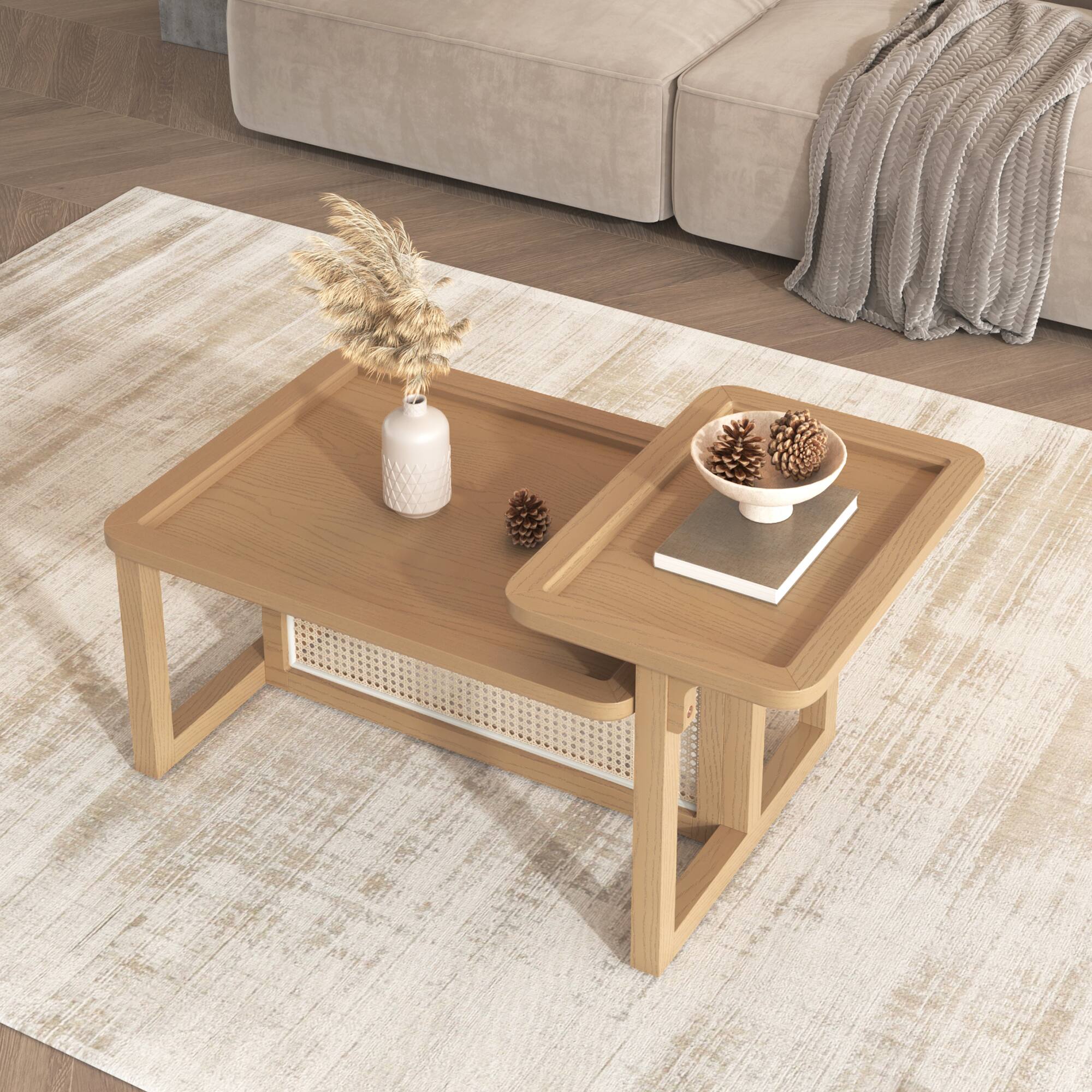 Alt View 1. MOOSOO - Rattan Coffee Table, Modern 2 Piece Nesting Rattan Wood+ MDF Coffee Table Set, Center Coffee Table for Living Room - Natural.