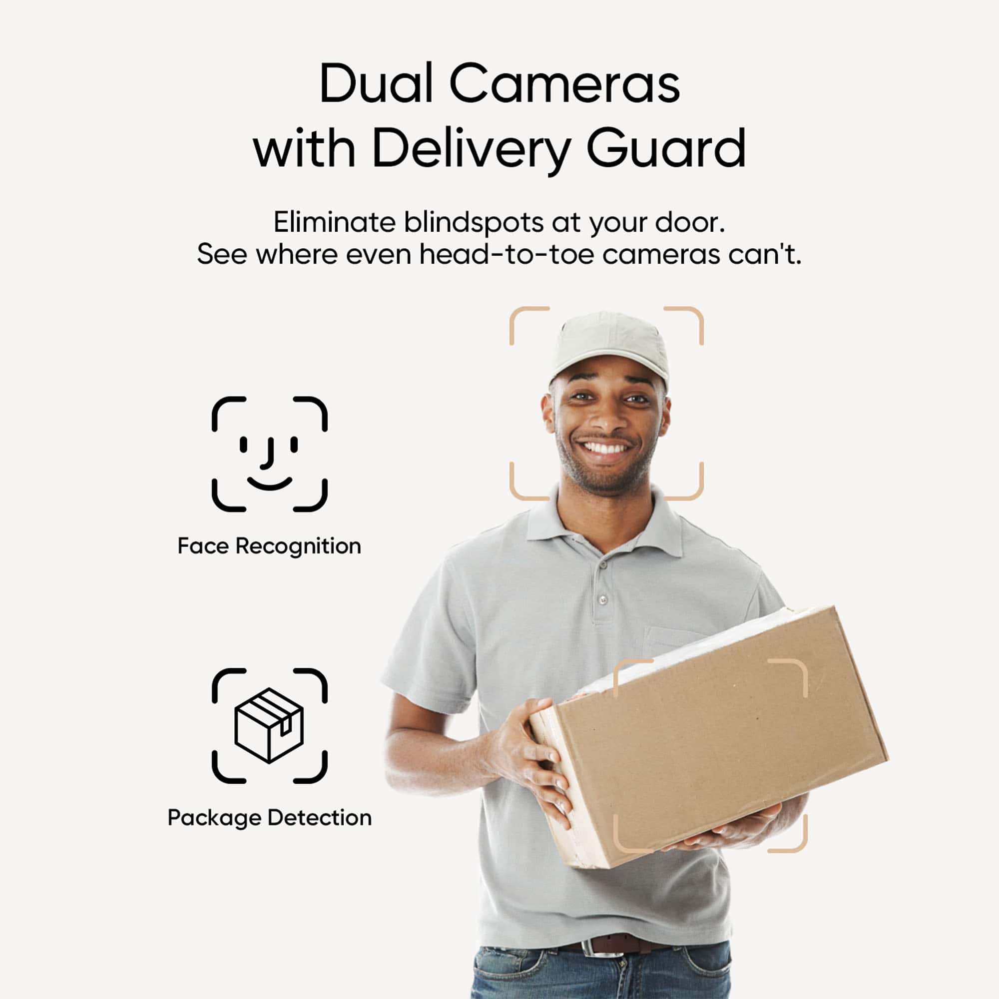 Dual Cameras with Delivery Guard Eliminate blindspots at your door. See where even head-to-toe cameras can't. Face Recognition Package Detection.