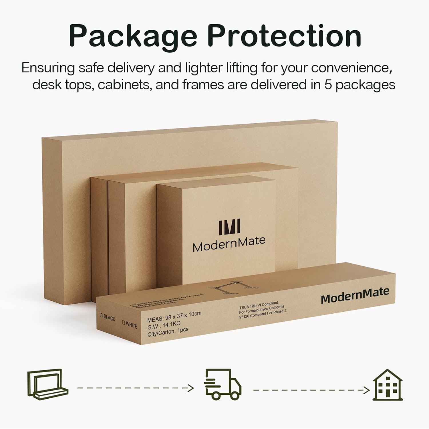Package Protection  
Ensuring safe delivery and lighter lifting for your convenience, desk tops, cabinets, and frames are delivered in 5 packages  

IMI ModernMate  
37 x 10cm BLACK  
MEAS: 98 x 37 x 10cm  
G.W.: 14.1KG  
Qty/Carton: 1pcs  

TSCA Title VI Compliant  
For Formaldehyde For Phase 2  
95120 Compliant  

ModernMate