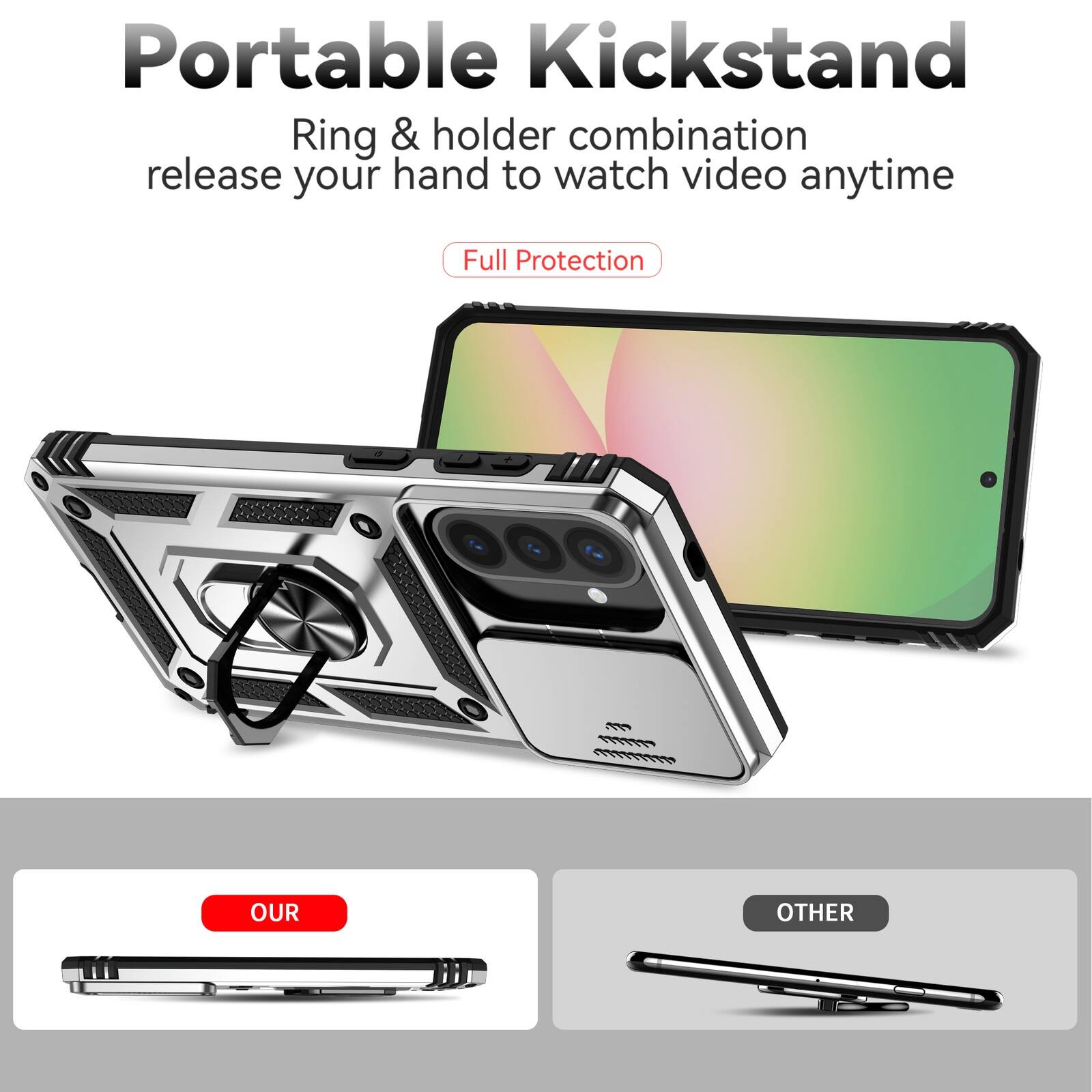 Portable Kickstand  
Ring & holder combination release your hand to watch video anytime  
Full Protection  

OUR  
OTHER