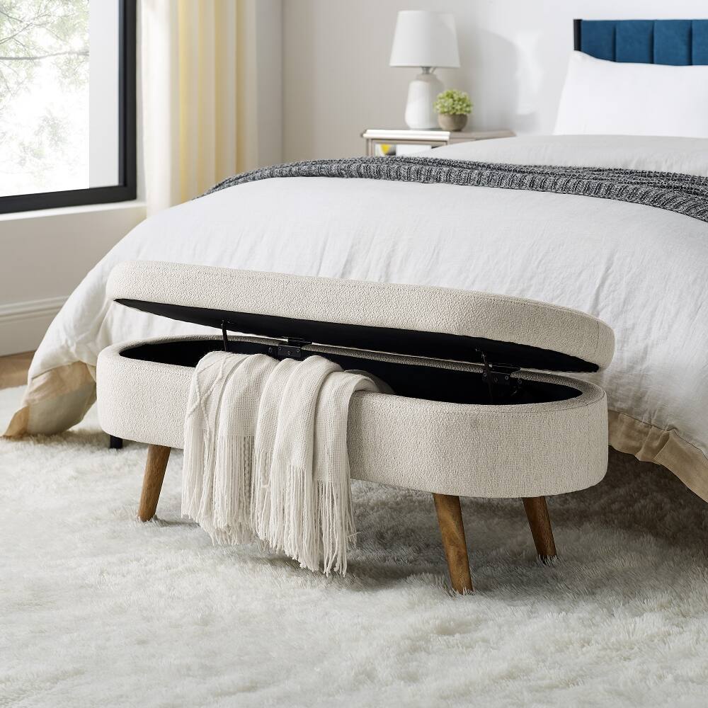 Back. Ropilly - Ropilly Beige Oval Storage Bench Fabric Ottoman with Rubber Wood Legs for Bedroom Living Room - Beige.