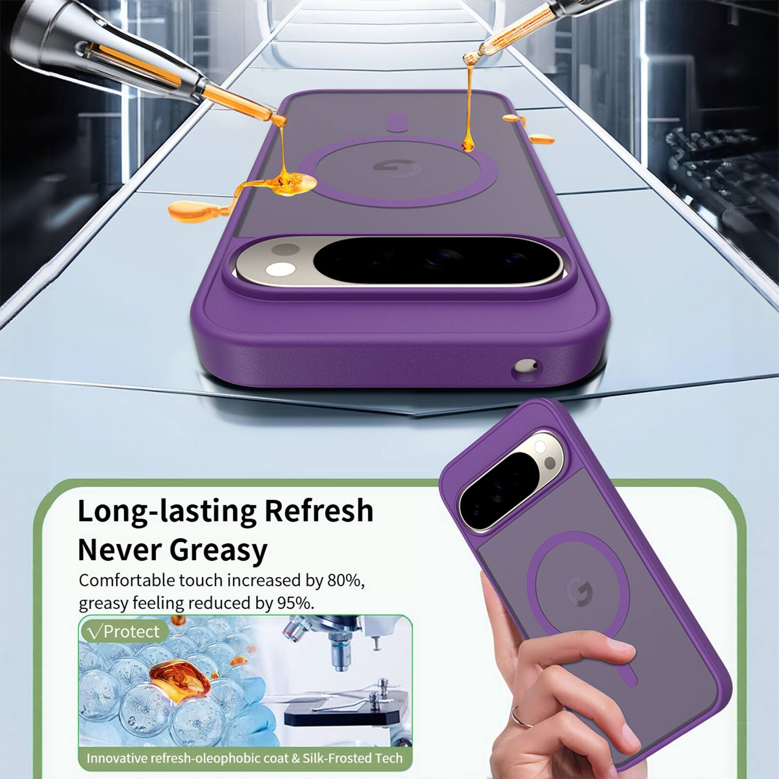 Long-lasting Refresh  
Never Greasy  
Comfortable touch increased by 80%, greasy feeling reduced by 95%.  
Protect  
Innovative refresh-oleophobic coat & Silk-Frosted Tech