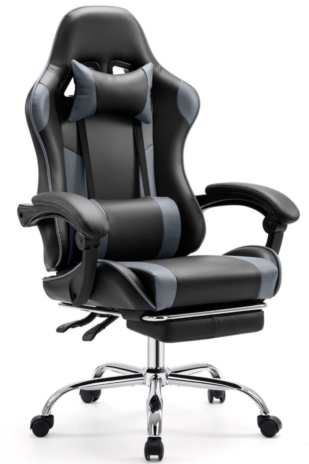 Front. Bestier - Gaming Chair - PU Leather Fixed up Armrest Lumbar Support Ergonomic Reclining PC Chair With Rocking Mode & Footrest - Gray.
