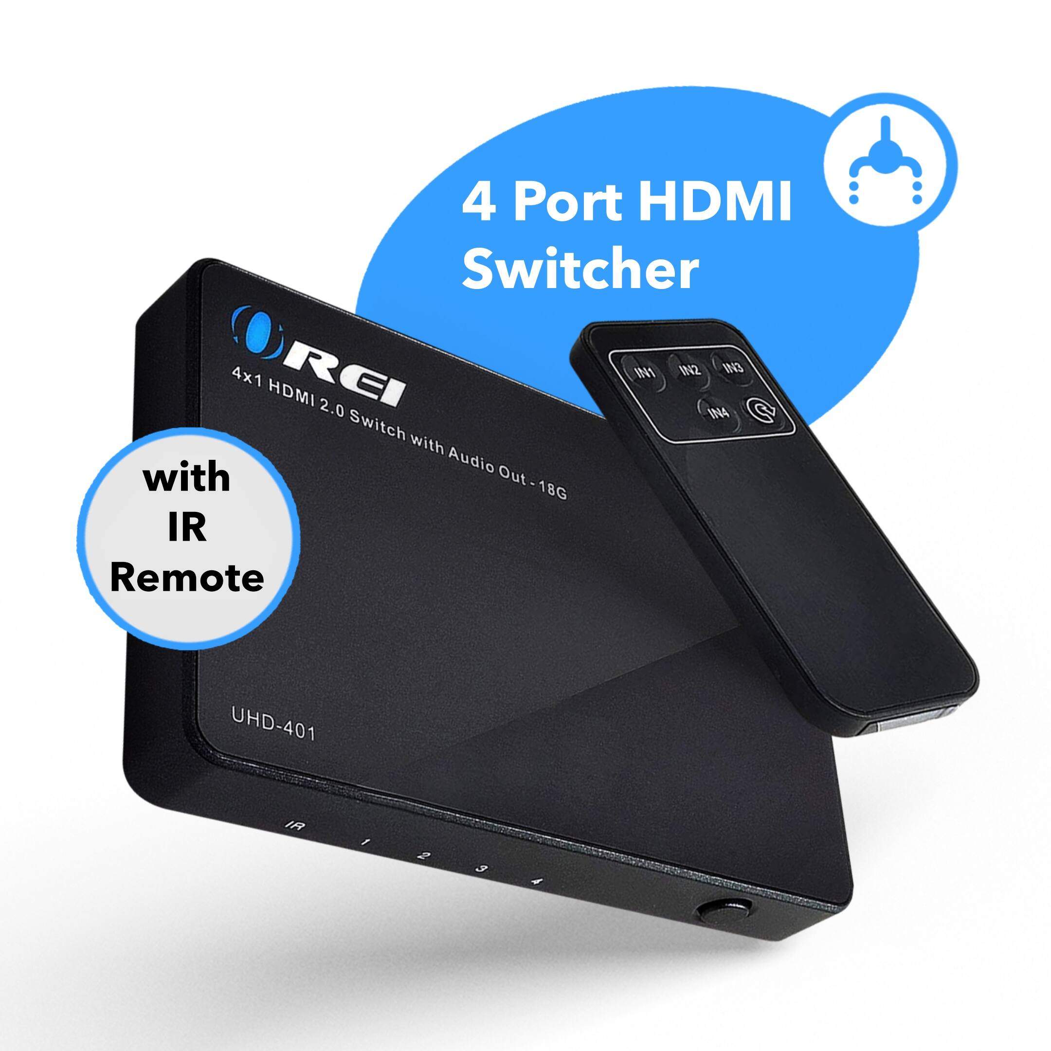 4 Port HDMI Switcher REI 4x1 HDMI 2.0 Switch with Audio Out-18G IR Remote UHD-401