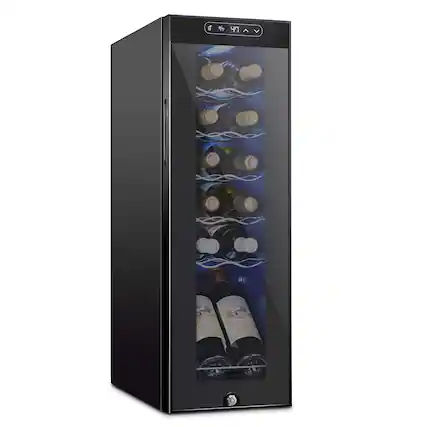Front. Schmecke - 12 Bottle Compressor Wine Refrigerator, Freestanding Wine Cooler with Lock, Black - Black.
