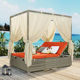Mondawe - Outdoor Adjustable Sun Lounger with Canopy, Recline and Removable Cushion - Orange