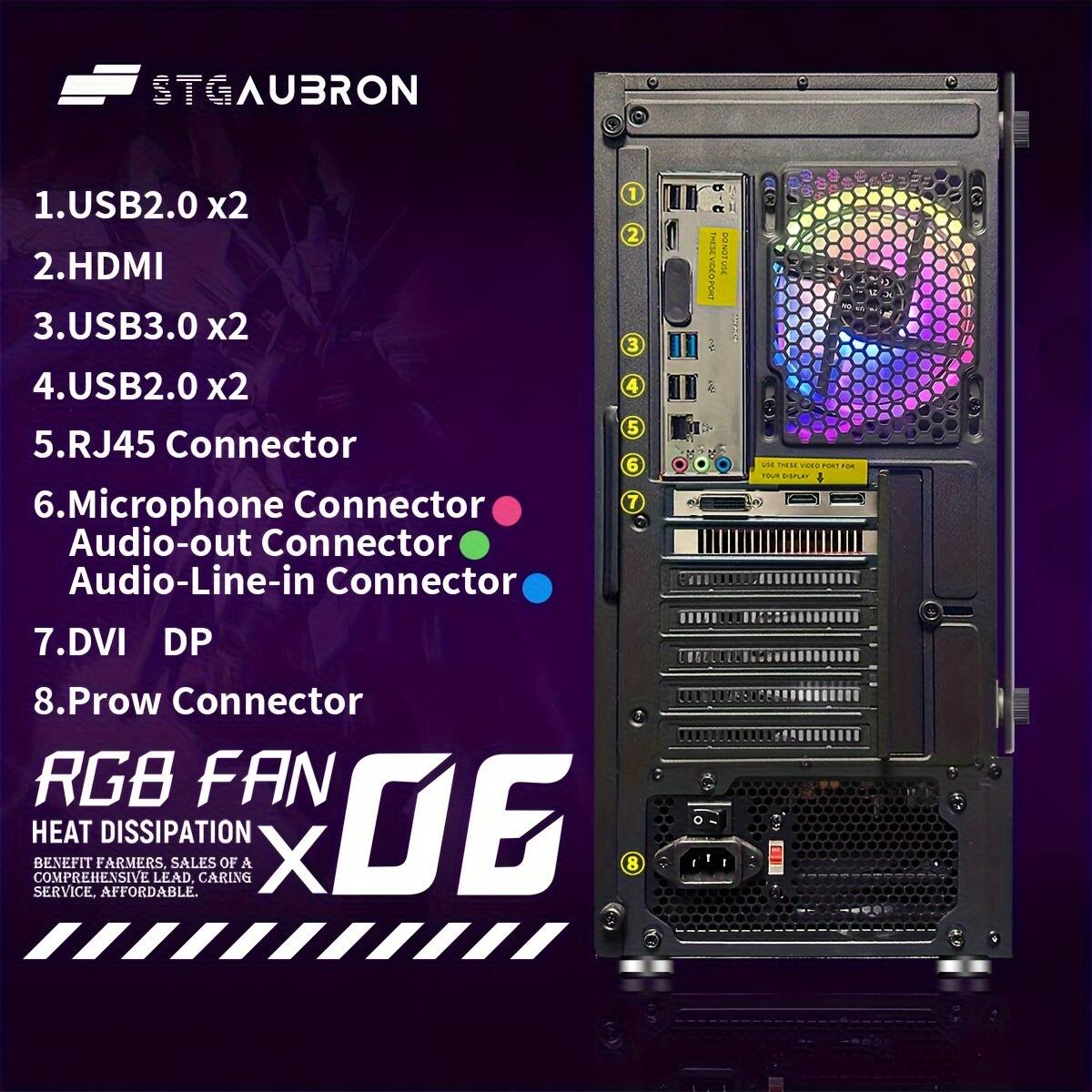 STGAUBRON

1. USB2.0 x2  
2. HDMI  
3. USB3.0 x2  
4. USB2.0 x2  
5. RJ45 Connector  
6. Microphone Connector  
   Audio-out Connector  
   Audio-Line-in Connector  
7. DVI DP  
8. Prow Connector  

RGB FAN x06  
HEAT DISSIPATION  
BENEFIT FARMERS, SALES OF A COMPREHENSIVE LEAD, CARING SERVICE, AFFORDABLE.