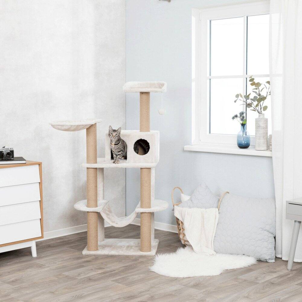 Angle. TRIXIE - Federico Plush & Sisal 4-Level 56" Cat Tree Scratching Posts Condo Hammock - Light Gray-Greige.