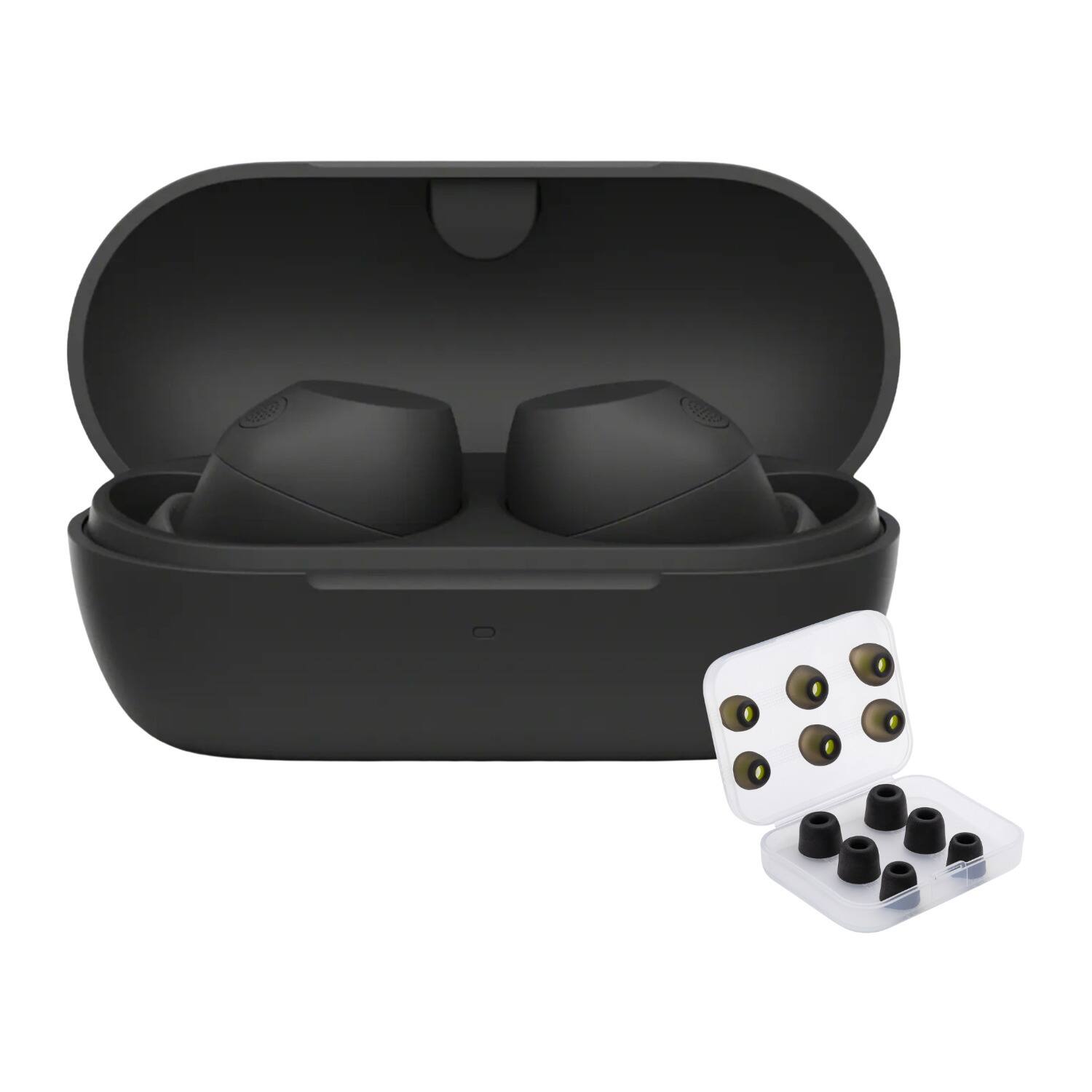 Front. Sony - Sony Wireless Noise-Cancelling Earbuds (Black) Bundle with Ear Tips (2 Items) - Black.