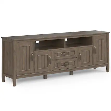 Front. Simpli Home - Lev SOLID WOOD 72 inch Wide Contemporary TV Media Stand in Smoky Brown For TVs up to 80 inches - Smoky Brown.