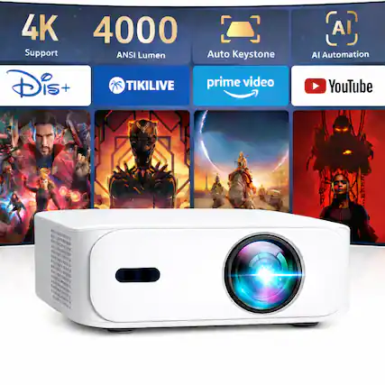 4K Support
4000 ANSI Lumens
Auto Keystone
AI Automation
Disney+
TIKILIVE
Prime Video
YouTube