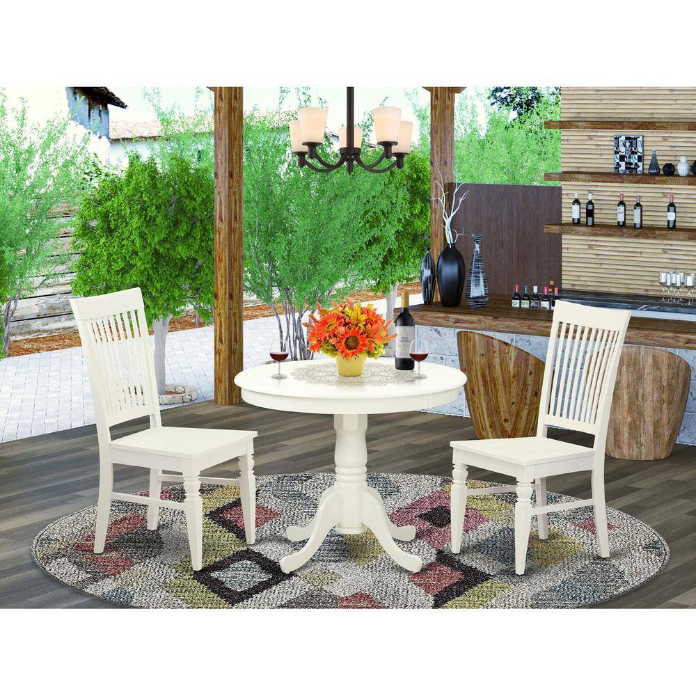 Back. East West Furniture - 3 Pc set with a Table and 2 Wood Dinette Chairs in Linen White. - Linen White.