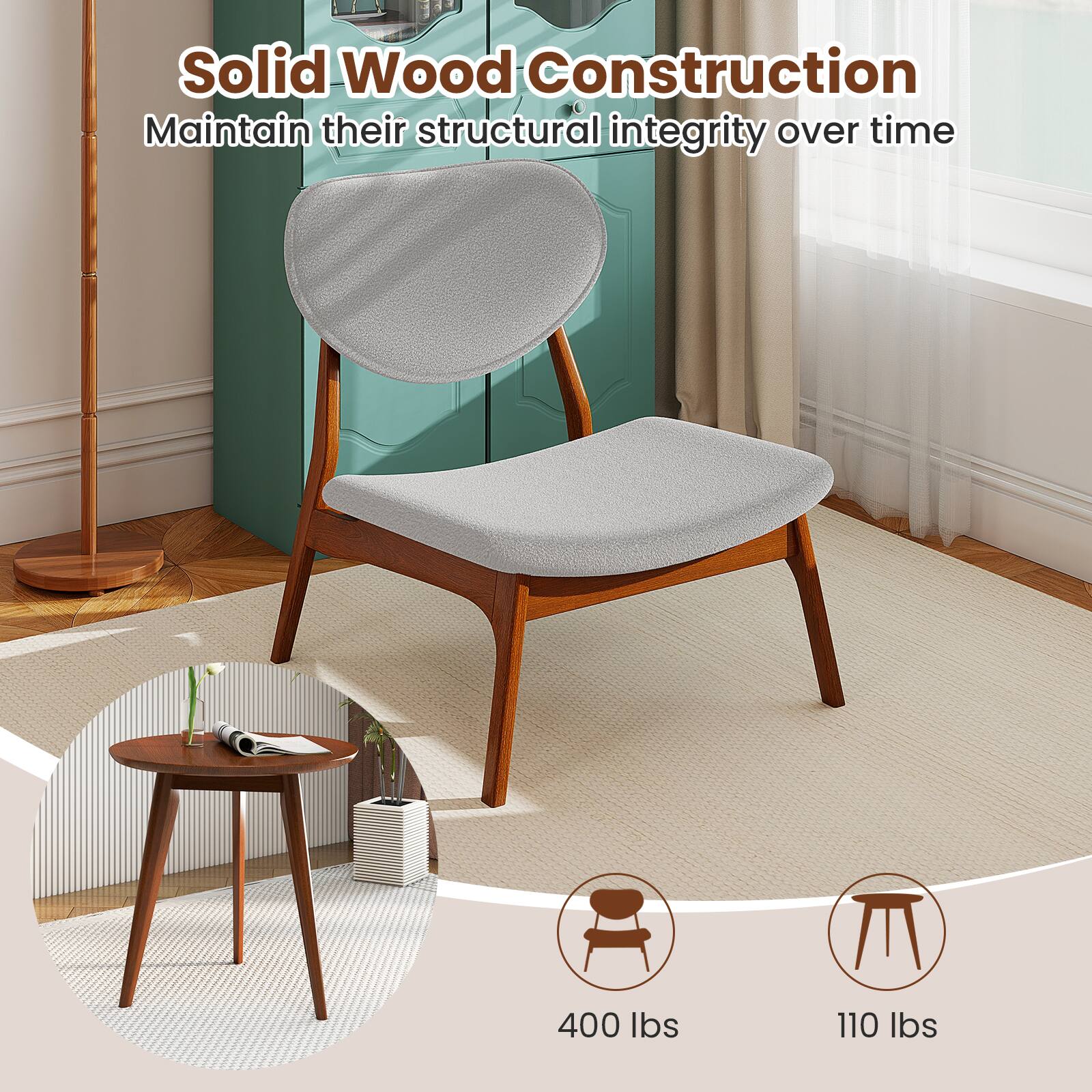 Solid Wood Construction  
Maintain their structural integrity over time  

400 lbs  
110 lbs