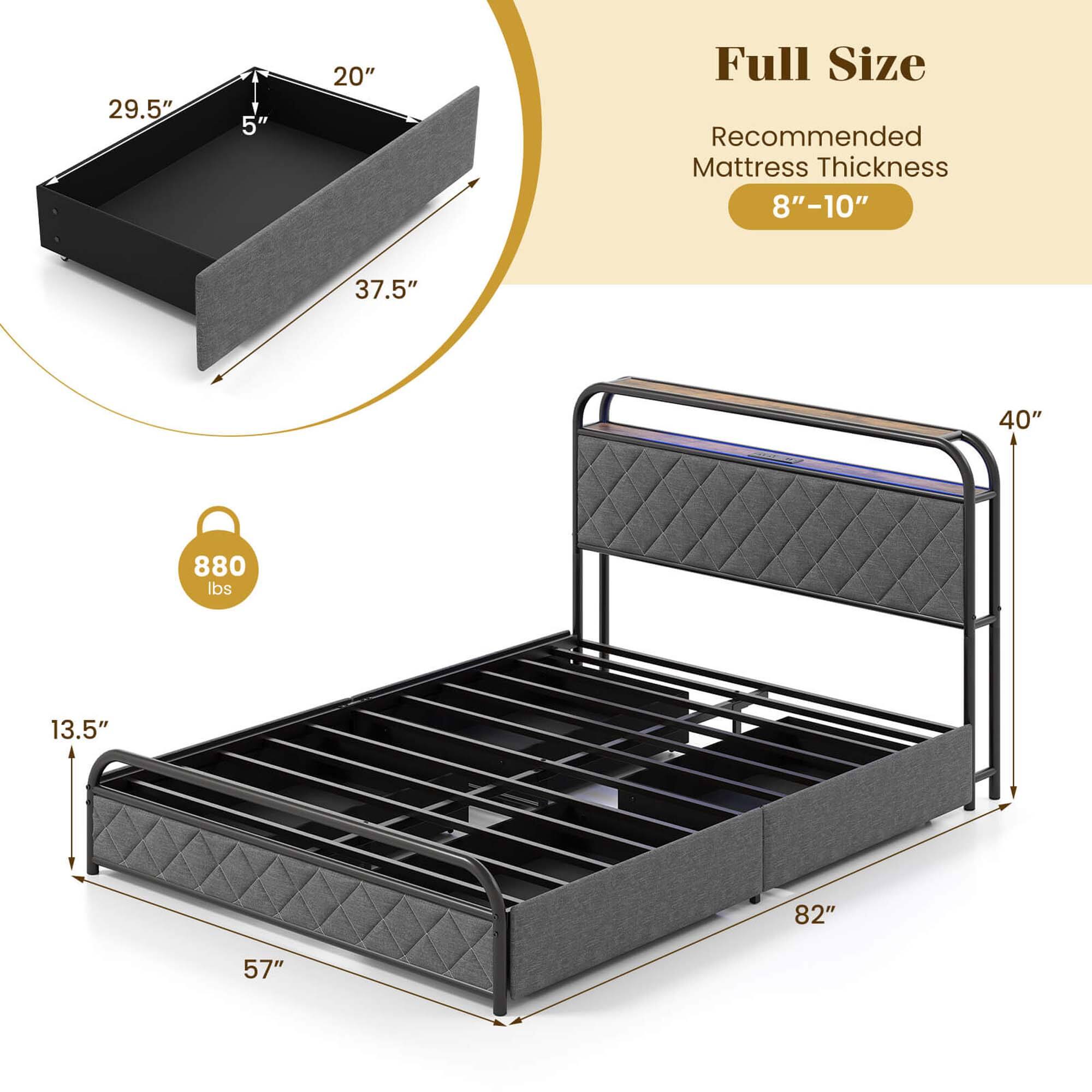 The text on the image is grouped and corrected as follows:

Full Size Recommended Mattress Thickness: 8"-10"

Dimensions: 29.5" x 5" x 20"

Maximum Weight Capacity: 880 lbs

Frame Material: Metal

Frame Color: Black

Frame Size: 13.5" x 82"

Frame Weight: 57"