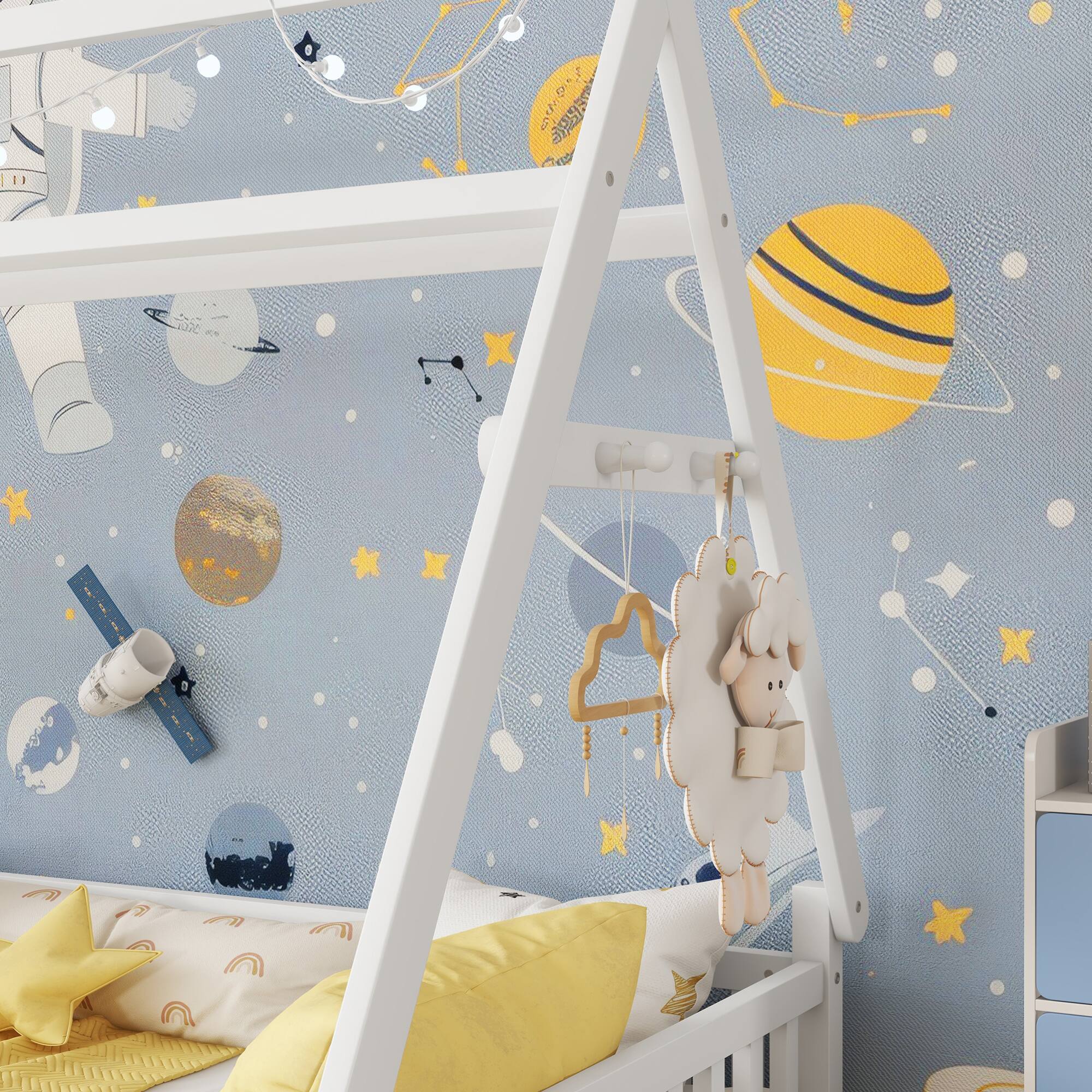 Alt View 1. GOODSILO - Charming Low Profile Twin House Bed with Removable Roof and Safety Fence for Children's Bedroom - White.