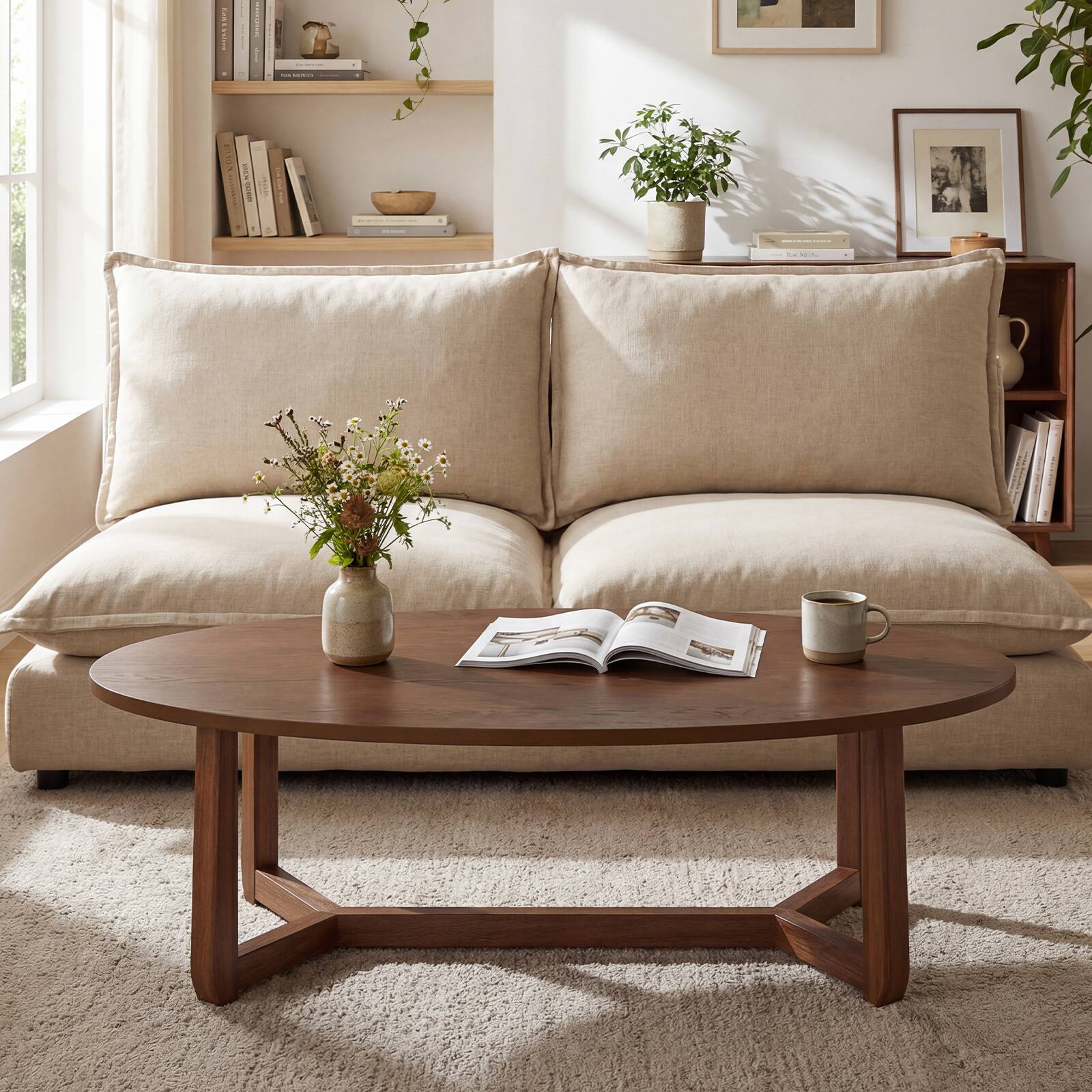 Alt View 3. Costway - Costway 46" Oval Coffee Table with Thickened Top & Solid Rubber Wood Frame for Living Room - Walnut.