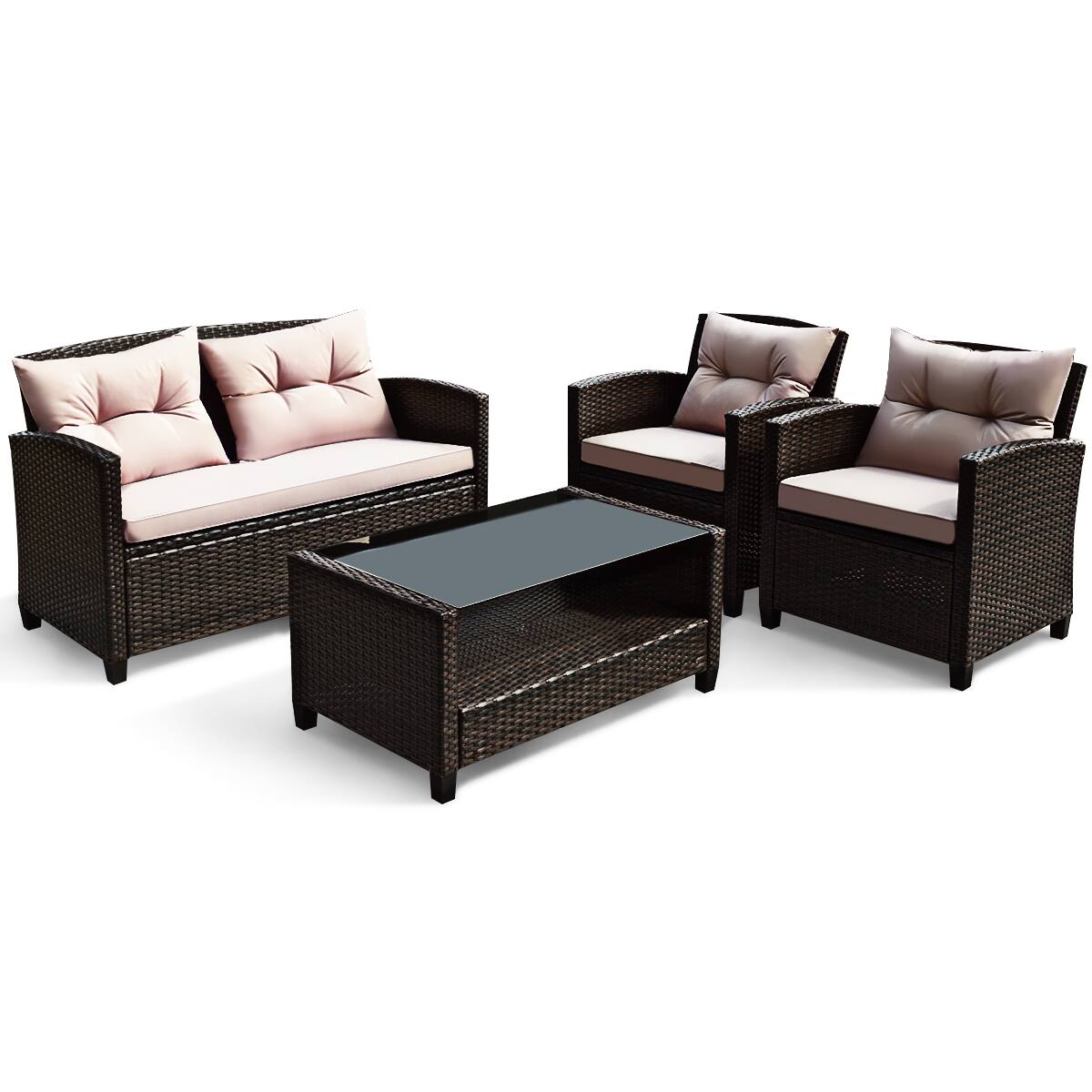 Alt View 7. Gymax - Gymax 4pcs Outdoor Rattan Furniture Set Cushioned Sofa w/Armrest Home - as pic.