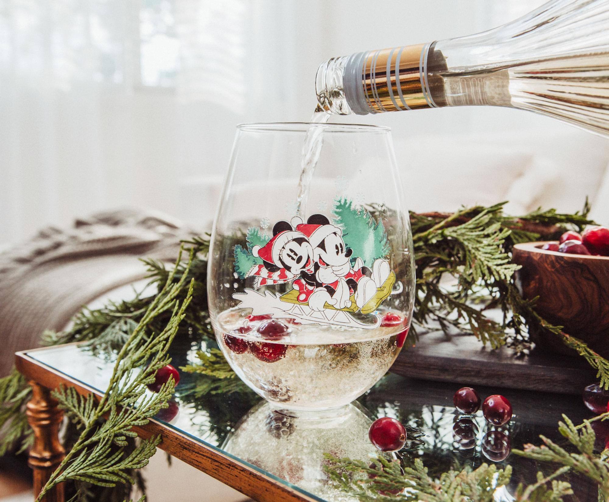 Alt View 2. Silver Buffalo - Disney Mickey and Minnie Christmas Sled Stemless Wine Glass | Holds 34 Ounces - Red.
