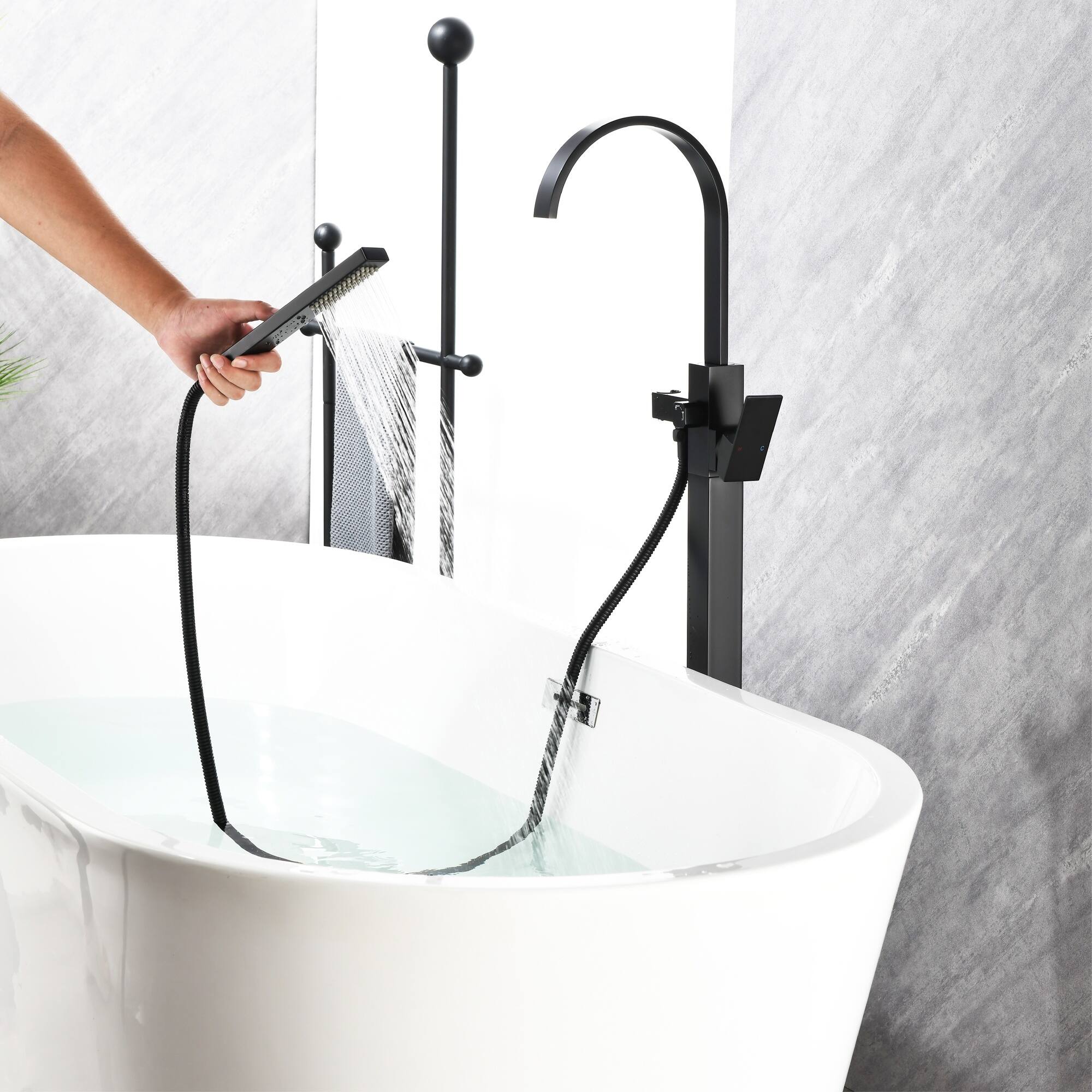 Alt View 3. Boyel Living - Matte Black Freestanding Bathtub Faucet Solid Brass 360° Swivel Handheld Spray 60-Inch Hose cUPC - Matte Black.