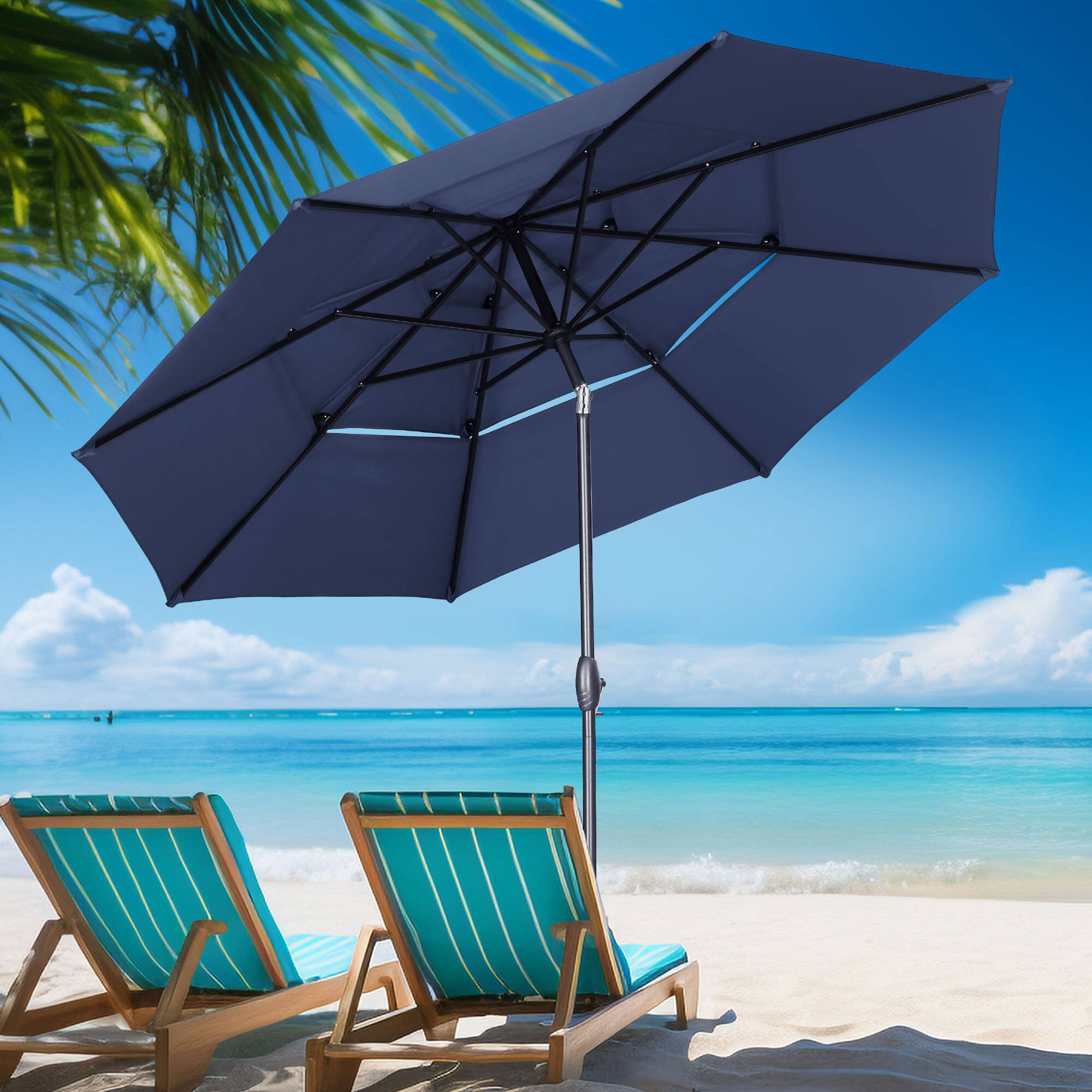 Back. Ainfox - Ainfox 10 FT 3-Tier Patio Umbrella with Base Outdoor Market Umbrella with Crank and Tilt for Garden Lawn Backyard Pool - Navy Blue.