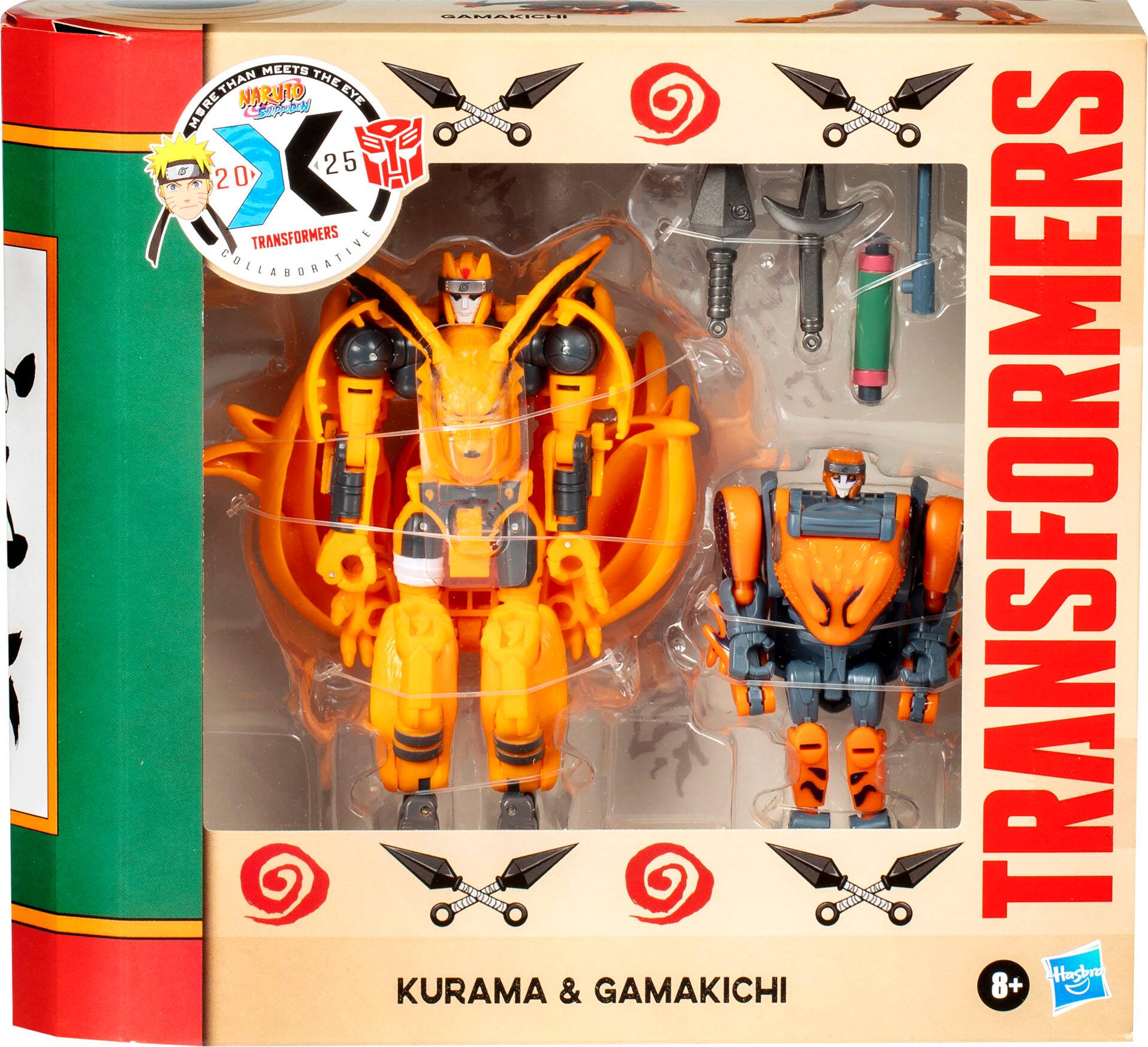 The text on the image reads: "Meet the more than meets the eye! Transformers: Animated Kurama & Gamakichi. 25th Anniversary Collector's Edition. 8+ years. Hosbro."