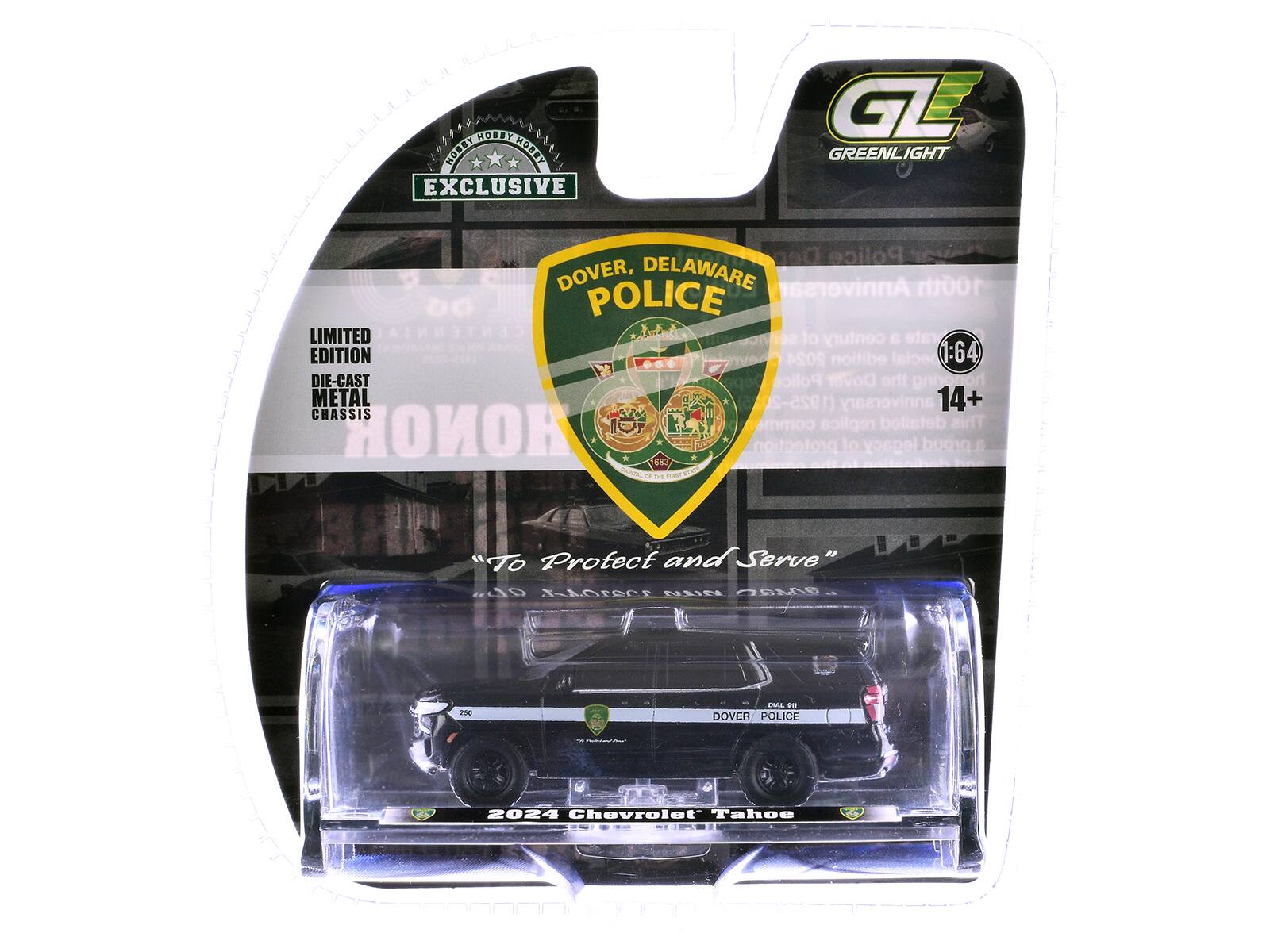 HOBBY HOTMARTSEY HOREY MOBEY EXCLUSIVE GL GREENLIGHT  
Den Police DOVER, DELAWARE  
Anniversary 100th POLICE LIMITED CENTENNIAL of a rate serVice century EDITION 2024 edition ecial 1:64 DIE-CAST Polic Dover the ing METAL (1925-2025 anniversary 14+ CHASSIS comm replica detailed This HONOR protection of legacy proud E  
68 Car - - Foam RIAN "To Protect and Serve"  
abs KASteCt NLG ASANU.  
258 AA d.  
DOVER POLICE 2024 Chevrolet Tahoe